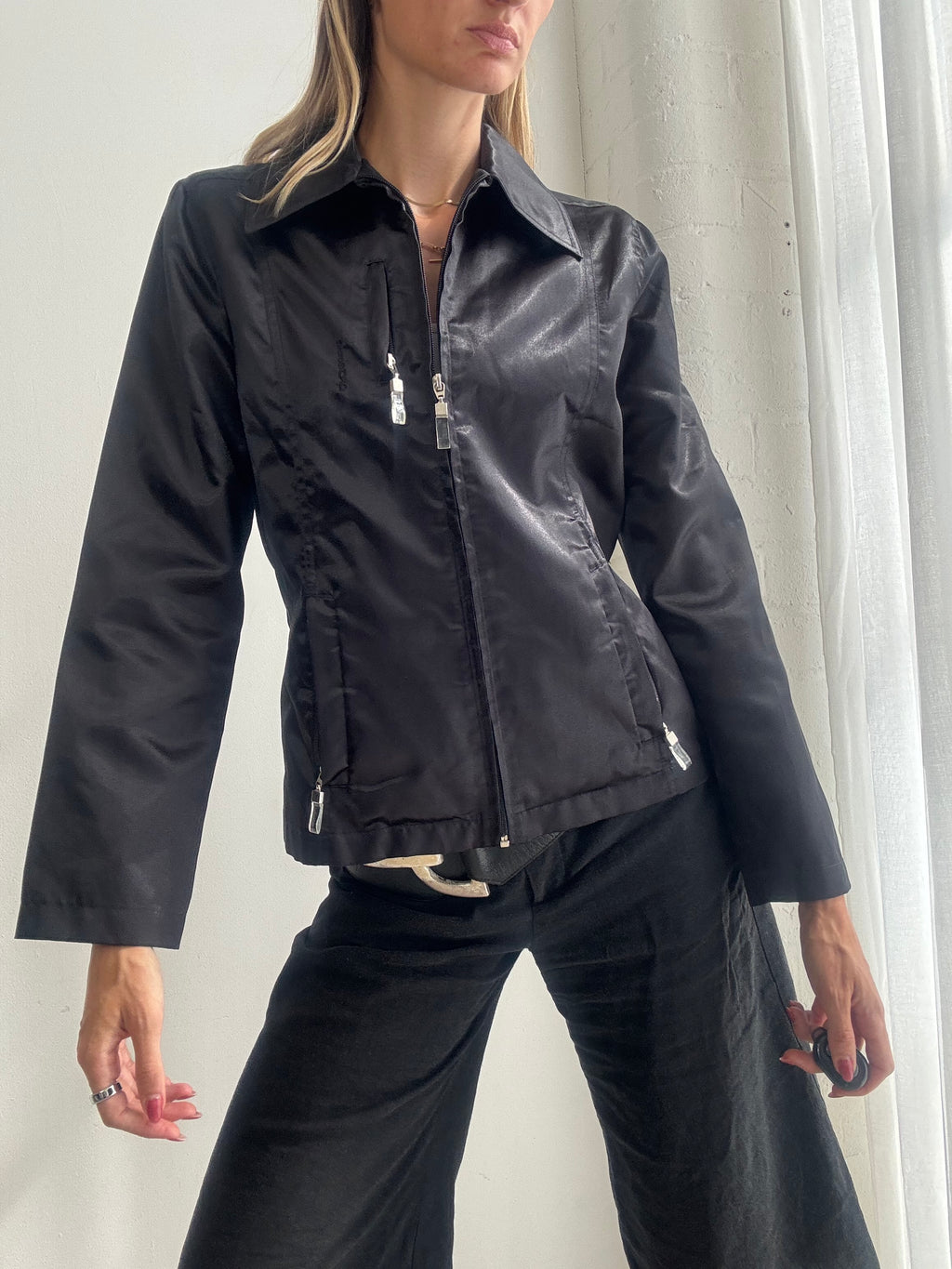 Vintage Y2K Black Satin Fitted Zip-Up Jacket - Size S