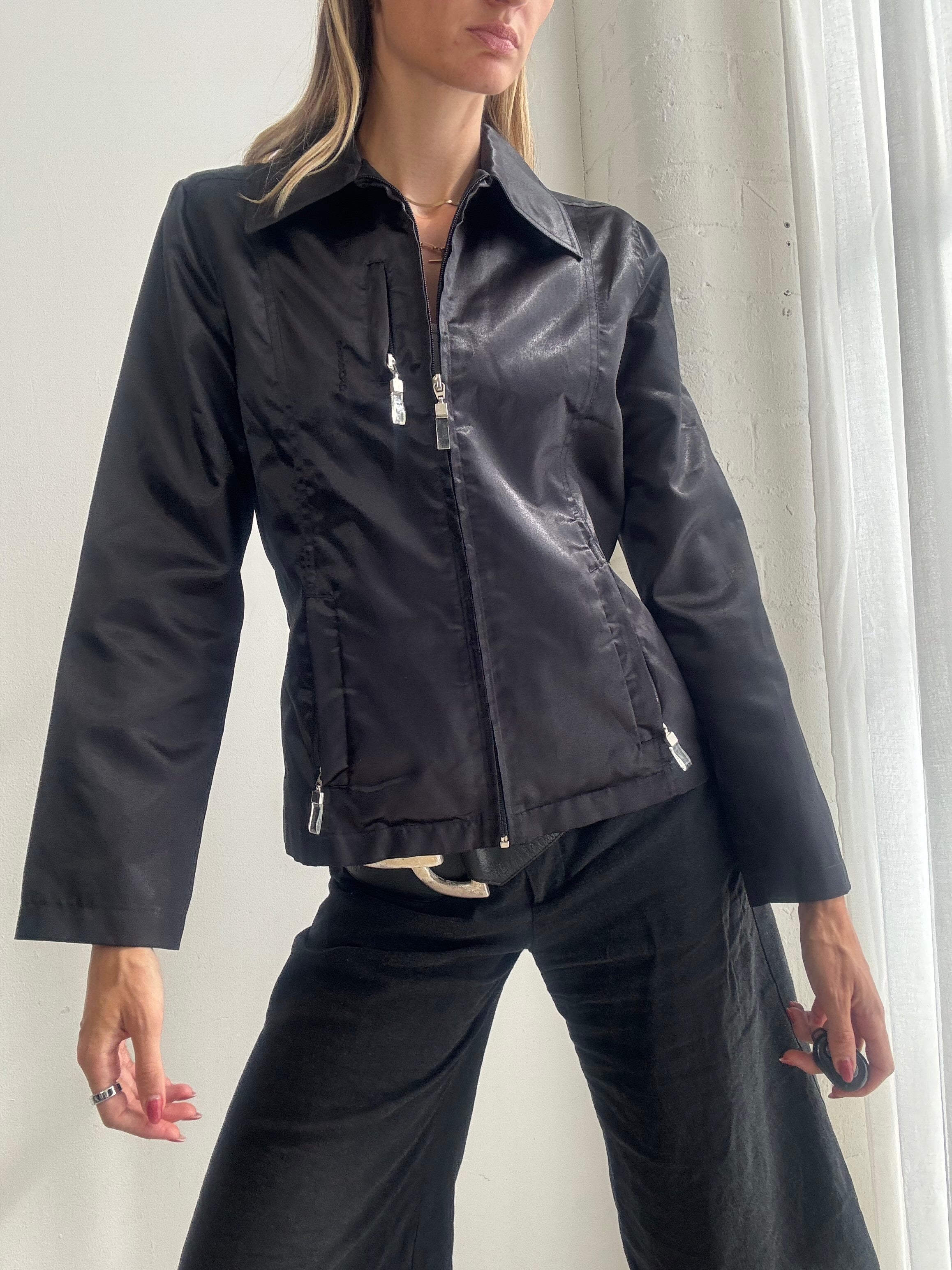 Vintage Y2K Black Satin Fitted Zip-Up Jacket - Size S