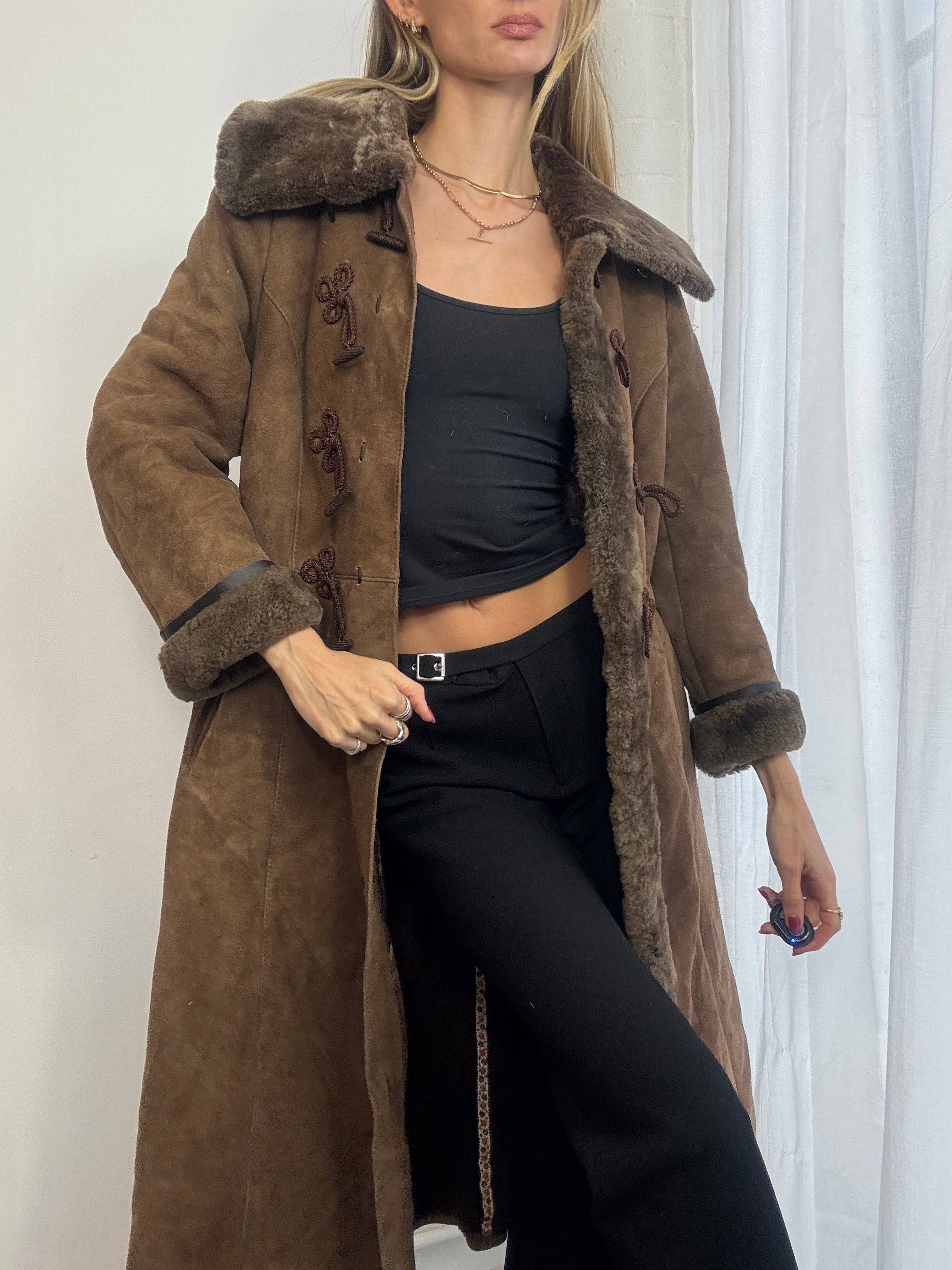 Vintage genuine suede sheepskin long brown coat
