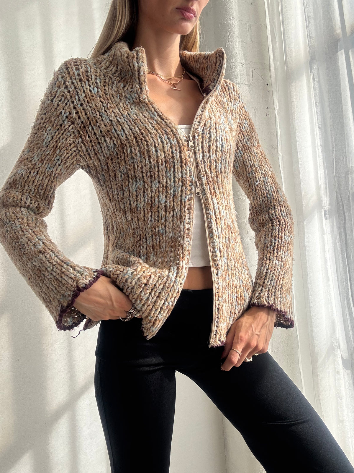 Vintage Y2K Multicolour Textured Knit Dual Zip Up Cardigan - Size M
