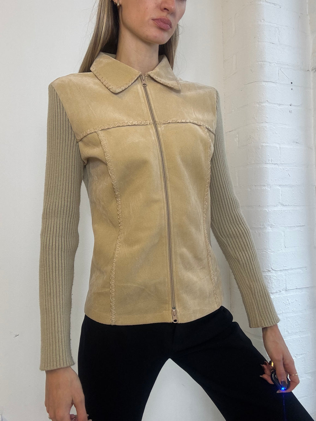 Vintage Y2K List Beige Faux Suede & Rib Knit Zip Jacket - Size M