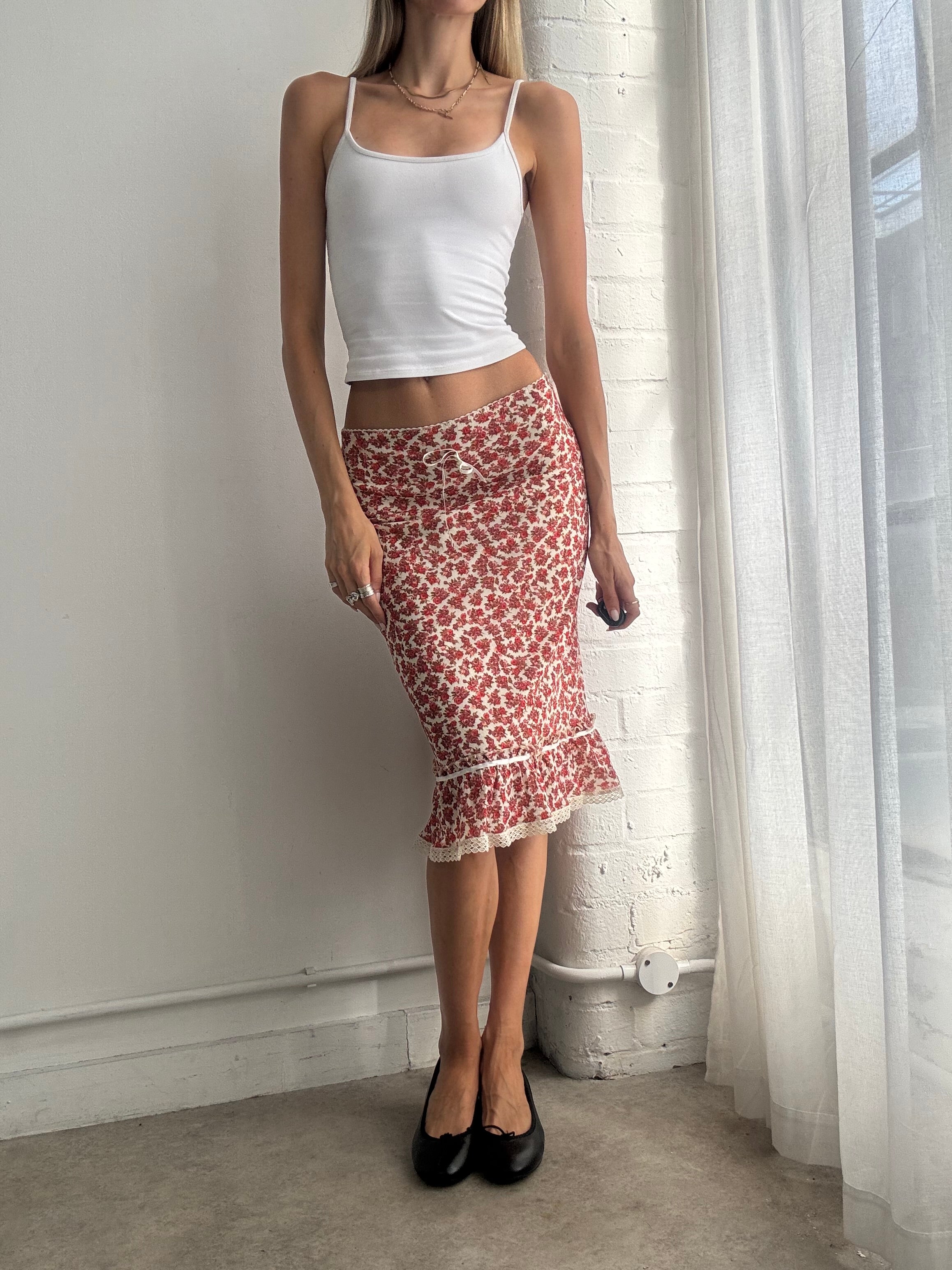 Vintage Y2K Floral Ruffle Hem Midi Skirt - Size M