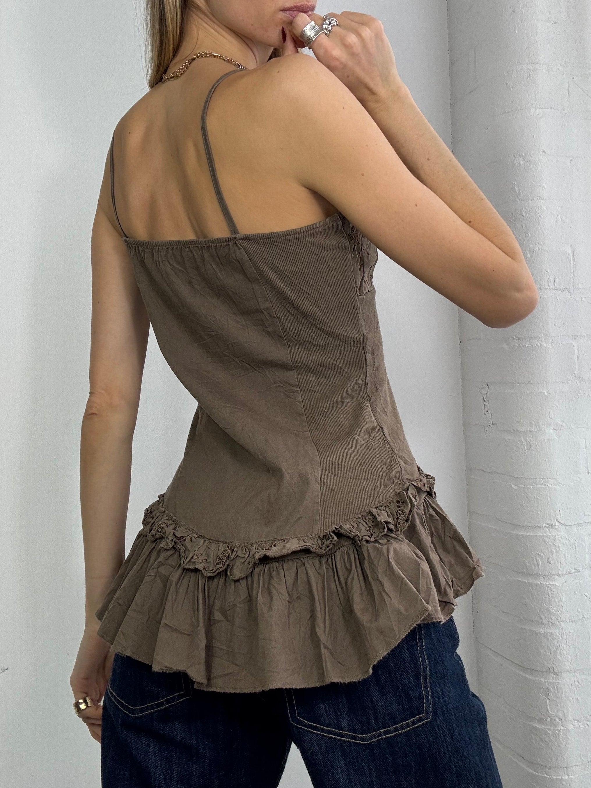 Vintage Y2K khaki green embroidered ruffle cami top