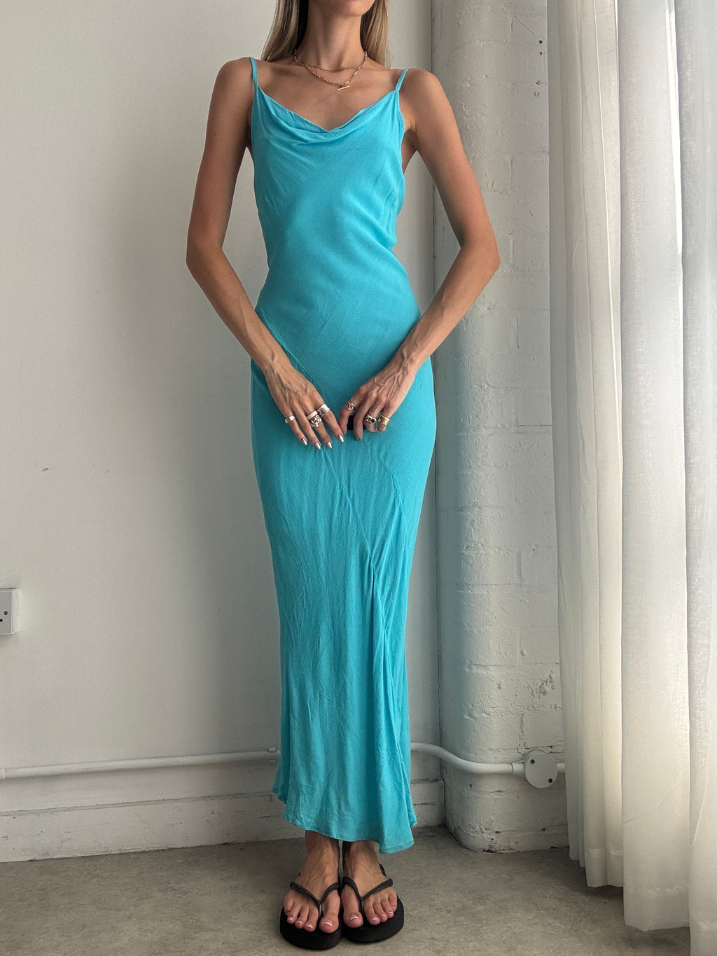 Vintage Y2K Turquoise Cowl Neck Maxi Dress – Bias Cut Slip Evening Dress - Size S