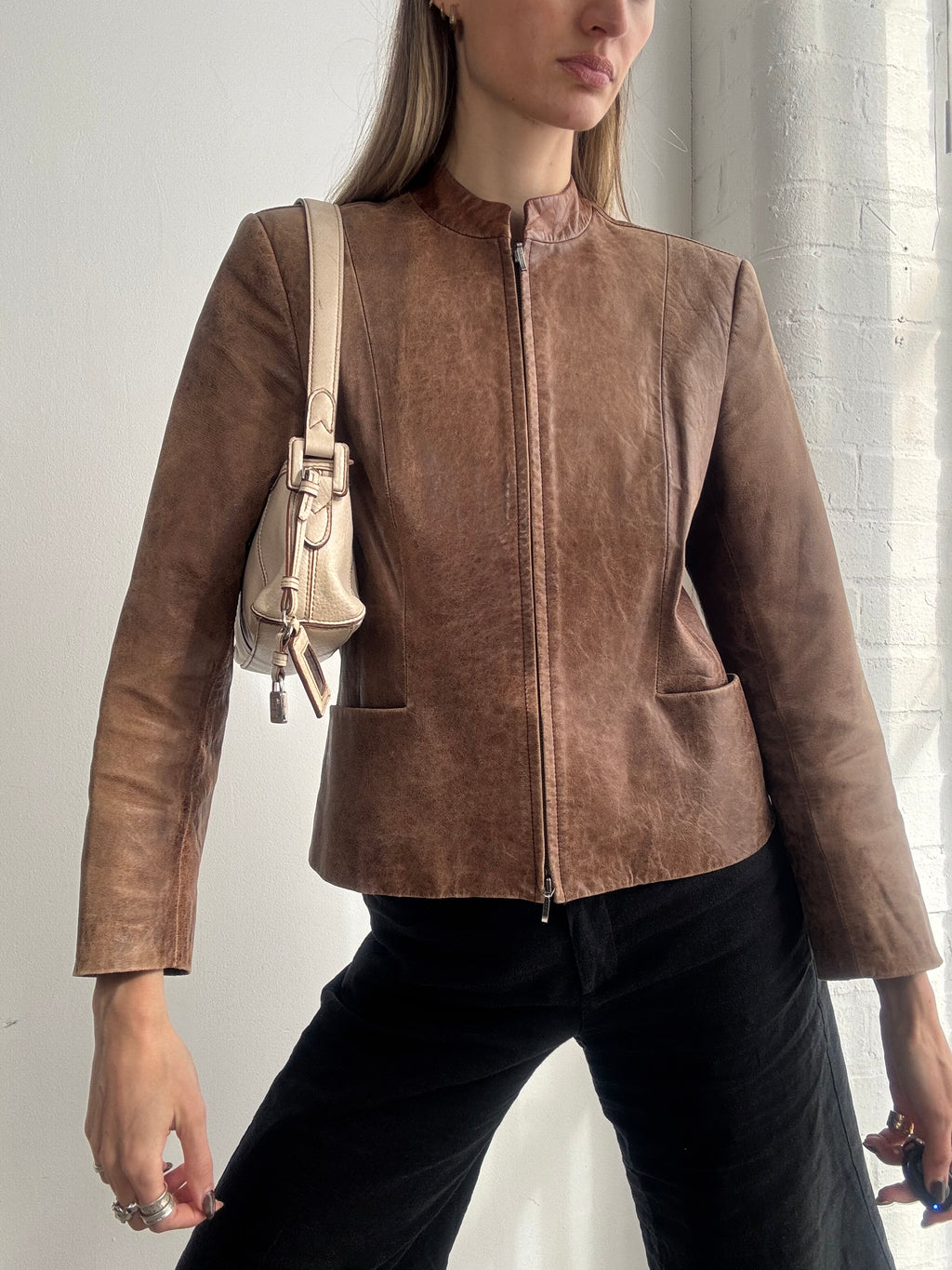 Vintage Y2K brown fitted dual zip leather jacket - Size S