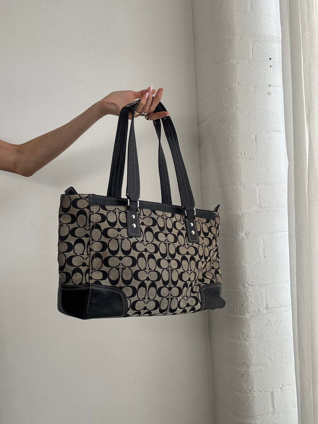 Vintage Y2K Coach Signature Tote Bag – Black Monogram Canvas & Leather Shopper