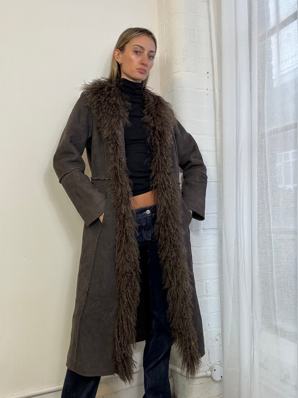 Vintage Y2K penny lane Mongolian fur coat brown