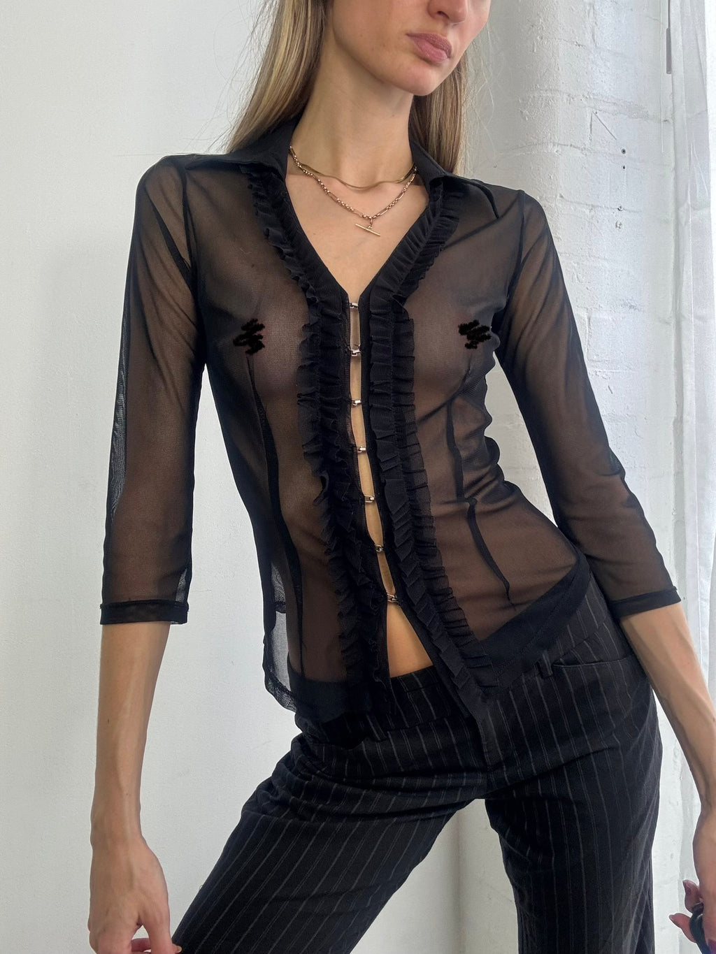 Vintage 90s black sheer mesh ruffle blouse