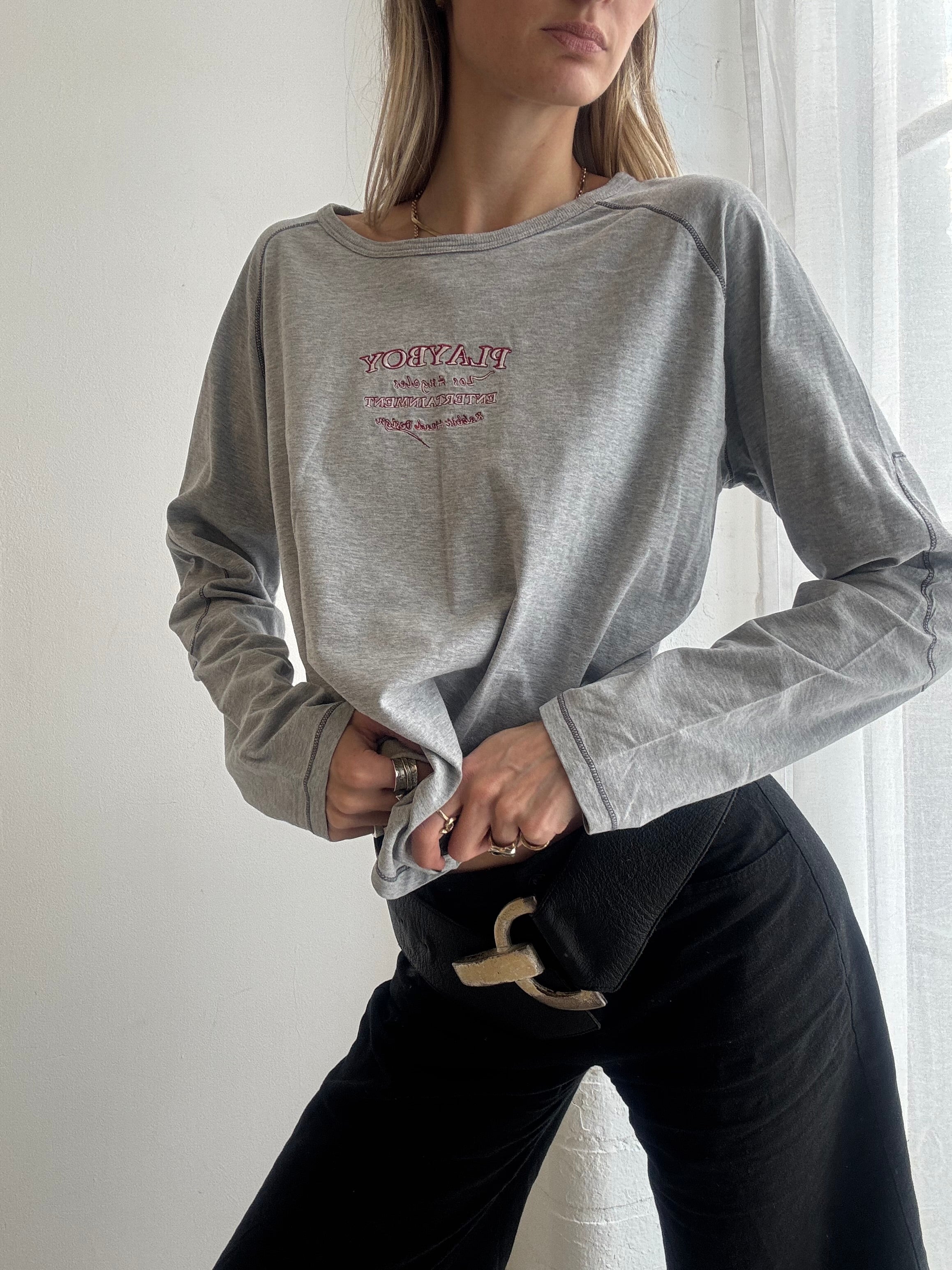 Vintage y2k playboy grey long sleeve slogan top - Size L