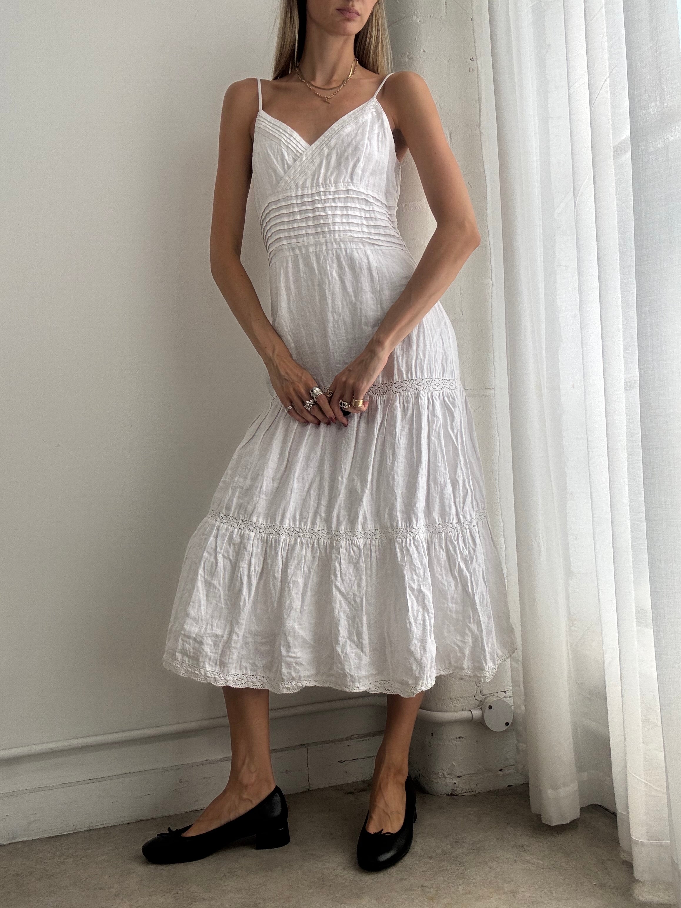 Vintage Y2K White Tiered Cotton Midi Dress - Size S