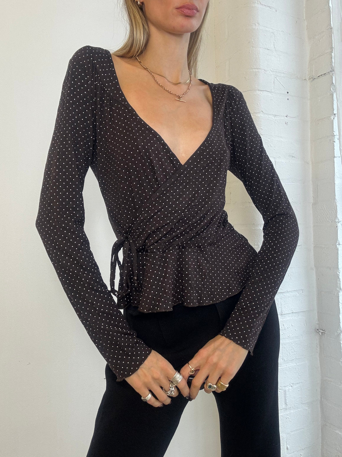Vintage Y2K Chocolate Brown Polka Dot Wrap Peplum Top - Size S/M