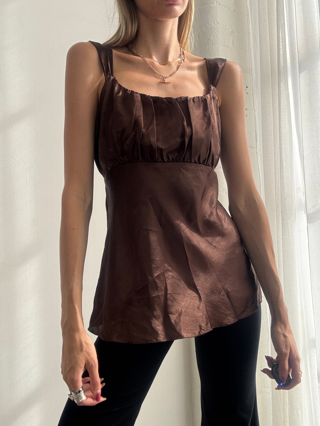 Vintage Y2K Chocolate Brown Satin Babydoll Cami Top - Size L