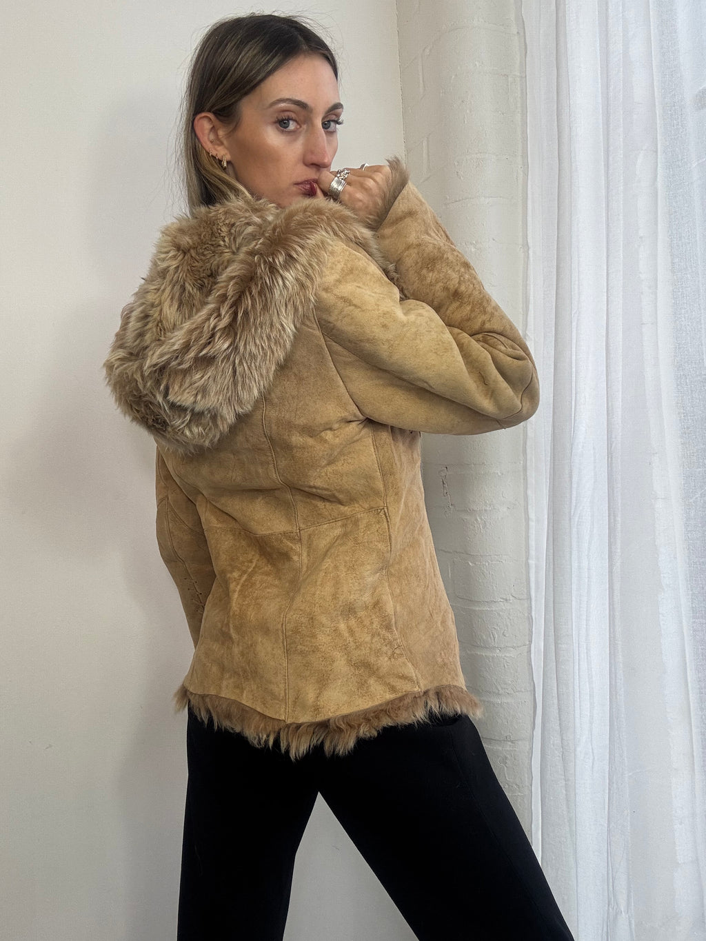 Vintage Y2K suede sheepskin hooded coat