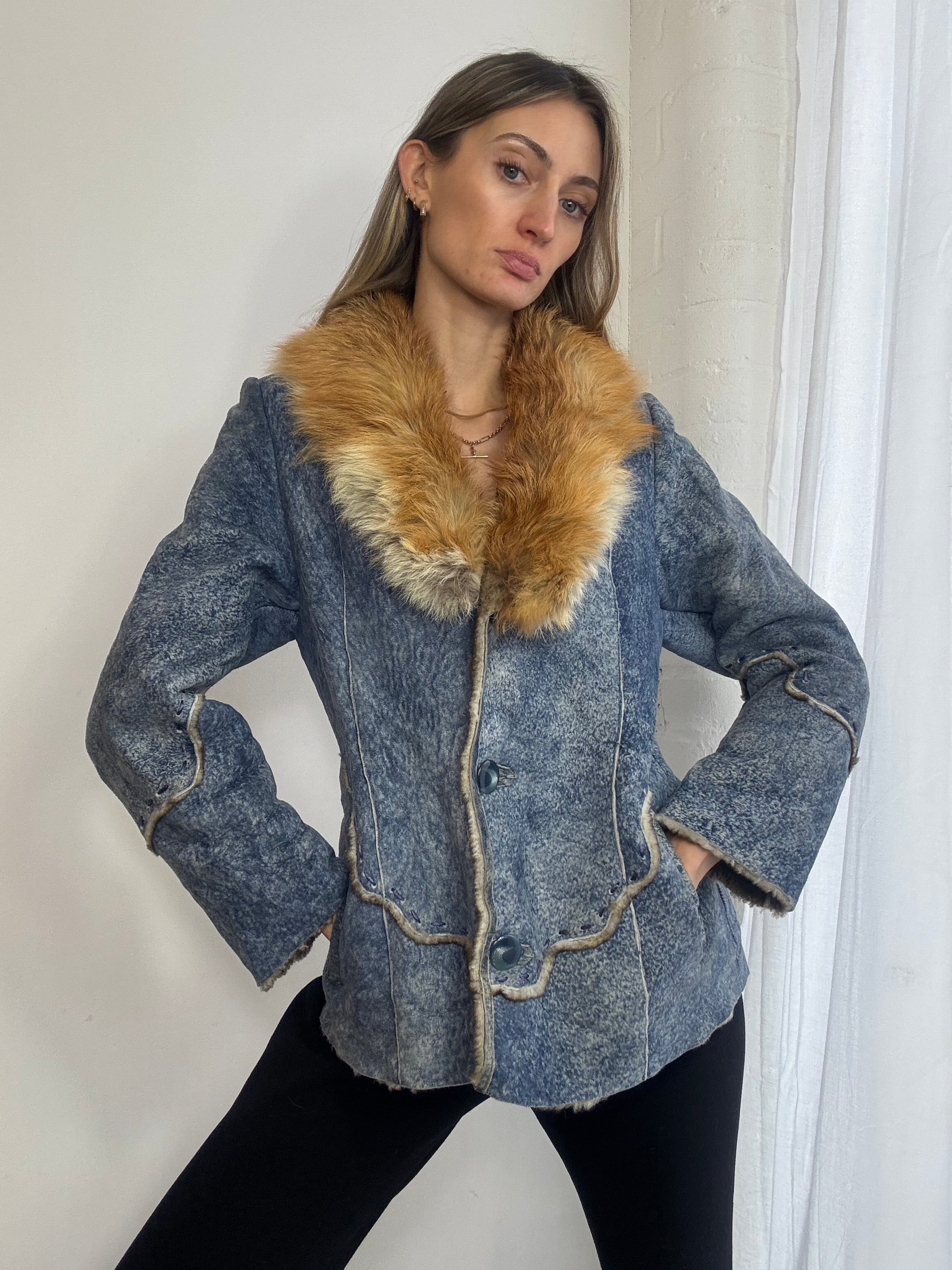 Vintage Y2K blue suede jacket fox fur trim