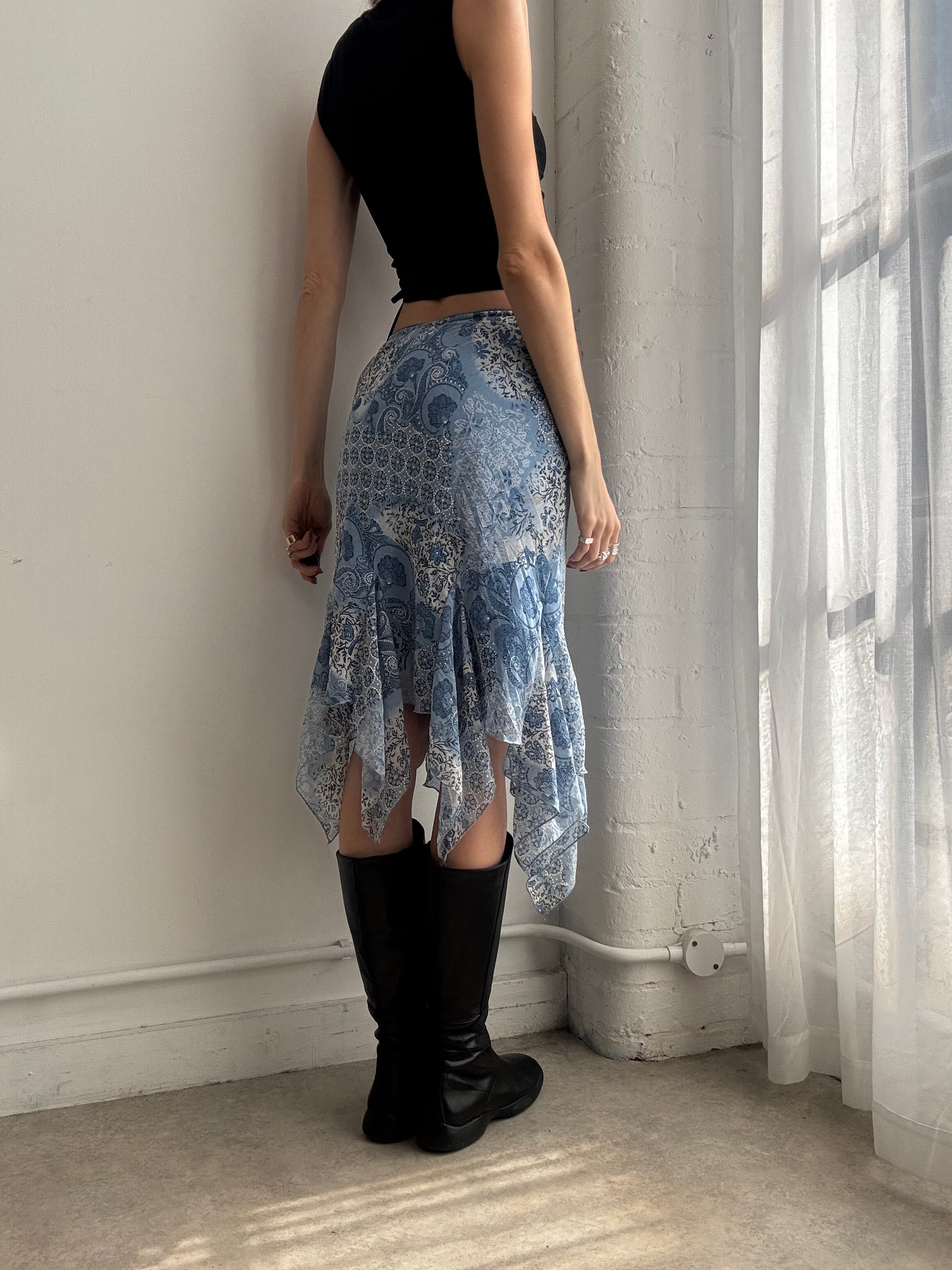 Vintage Y2K blue floral asymmetric mesh skirt