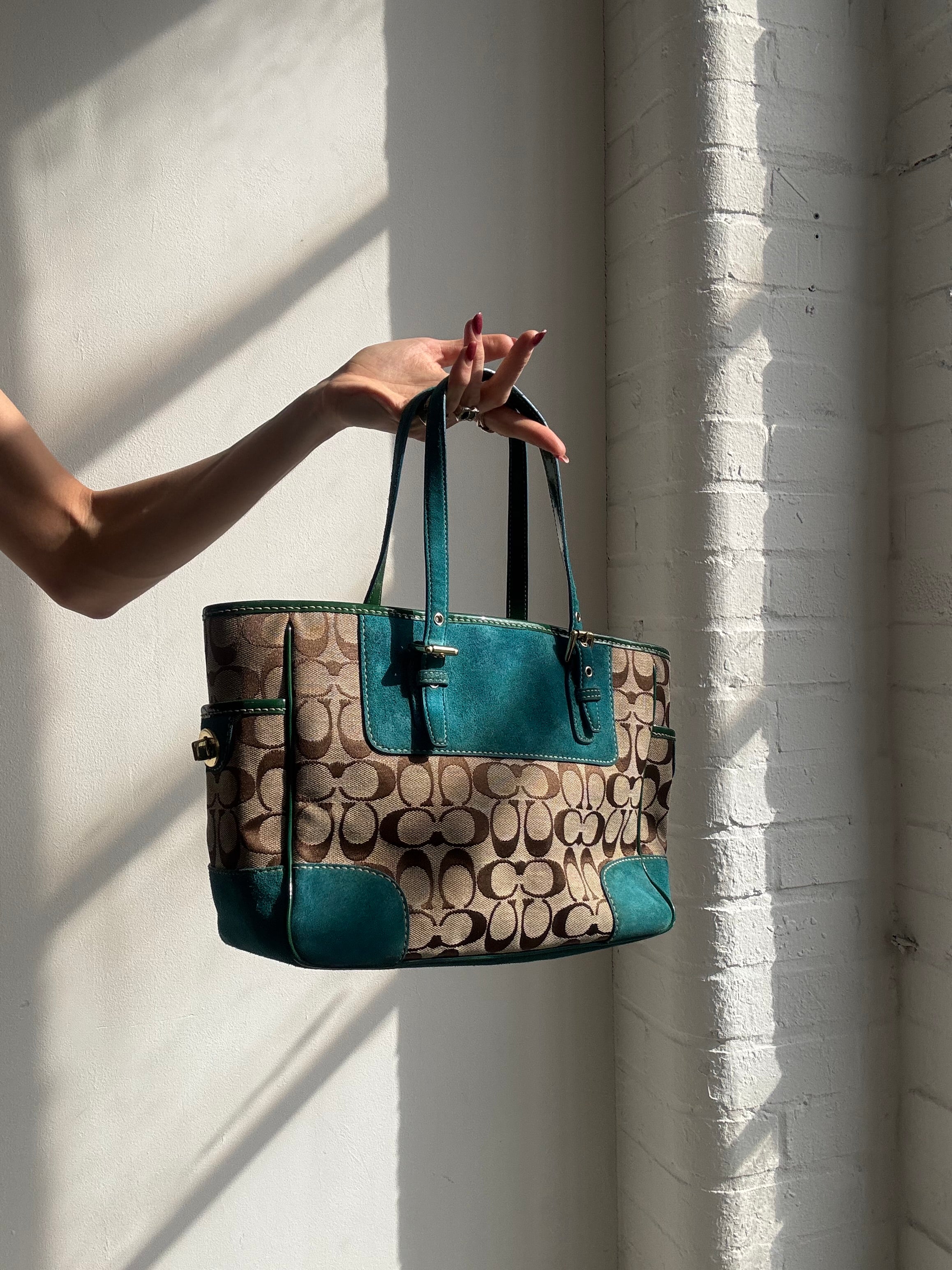 Vintage Y2K Coach monogram shoulder bag with teal suede