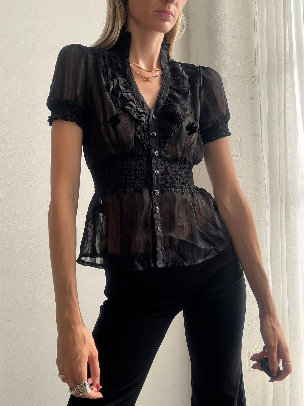Vintage Y2K Black Sheer Ruffle Blouse - Size S
