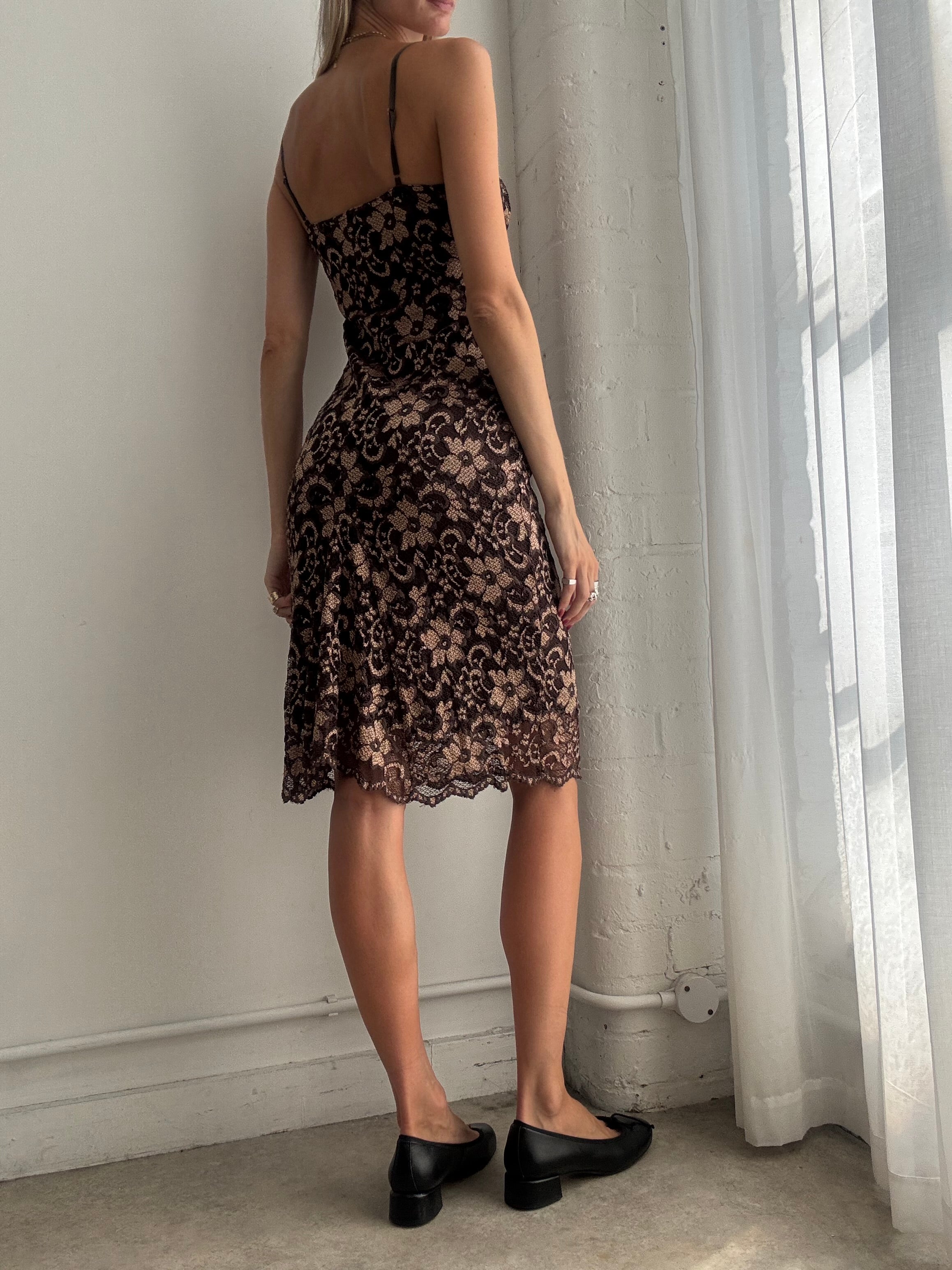 Vintage Y2K Brown Floral Lace Midi Dress - Size S