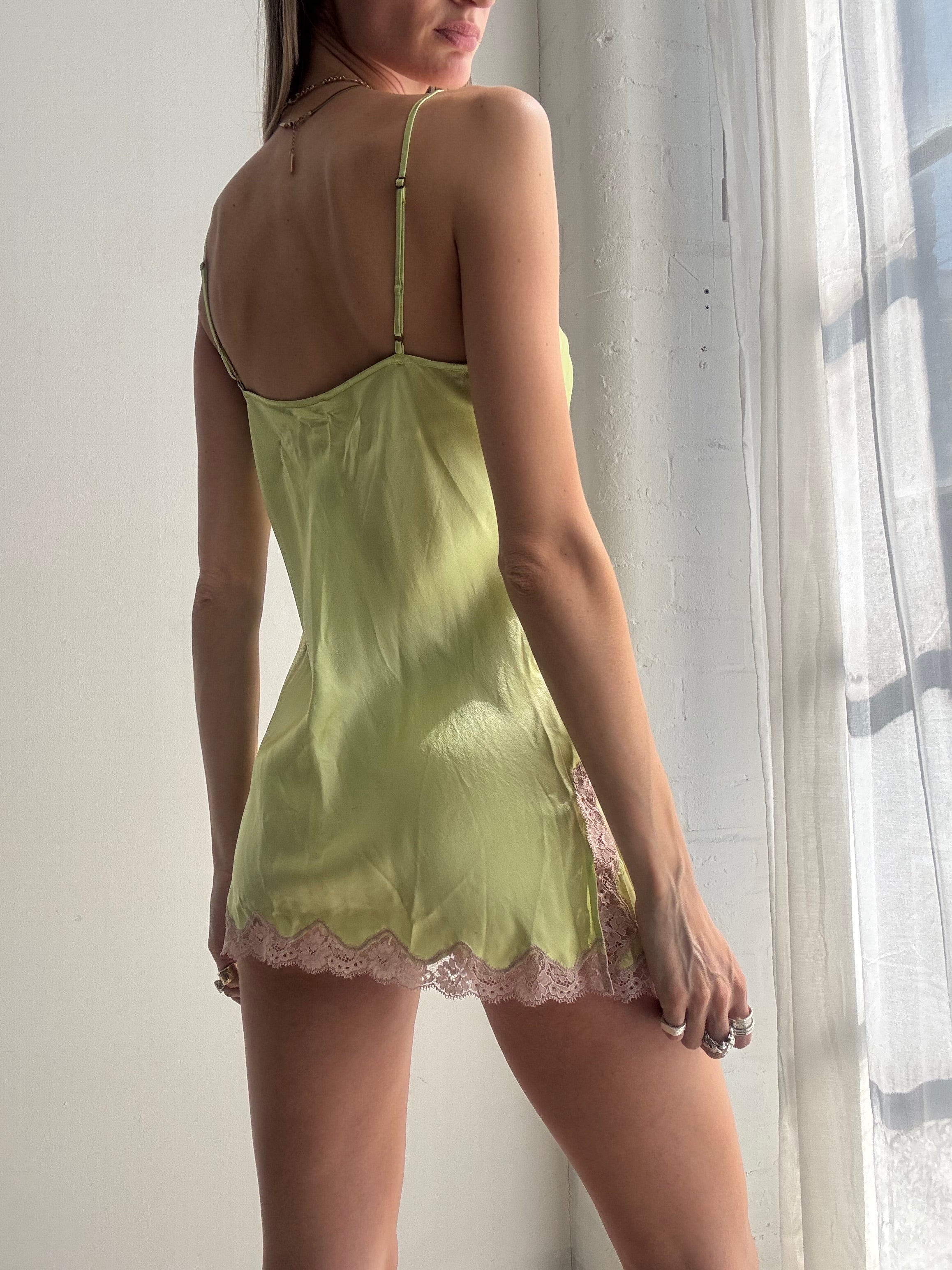 Vintage Y2K lime green silk & lace slip dress - Size L