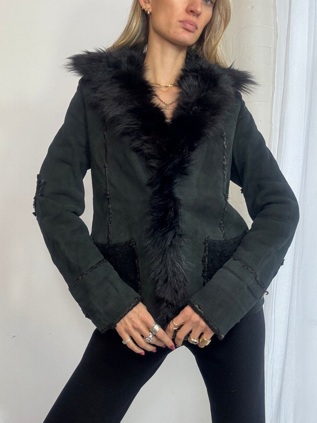 Vintage Y2K black sheepskin suede & fur trim jacket