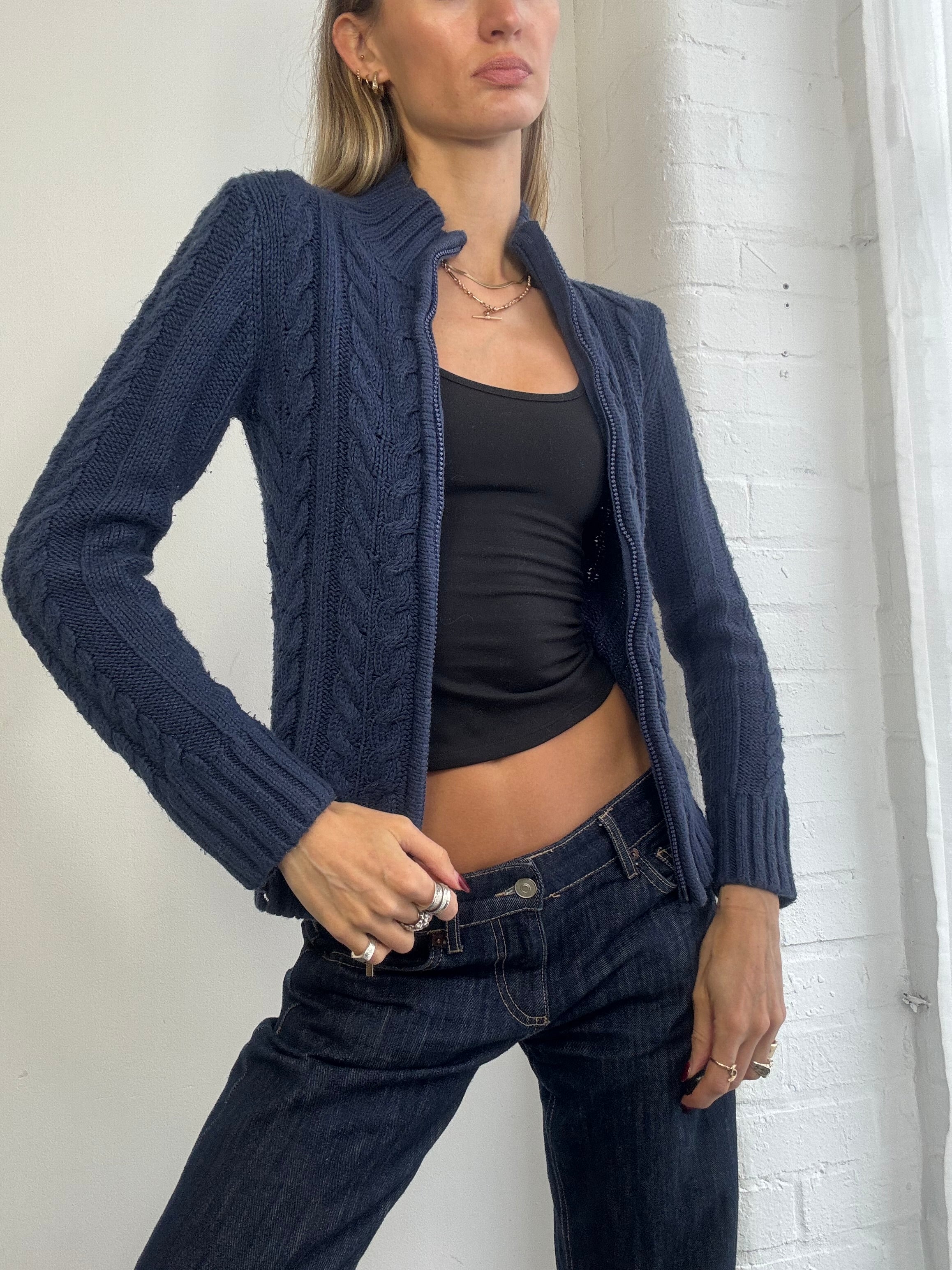 Vintage Y2K cable knit dual zip jumper navy blue