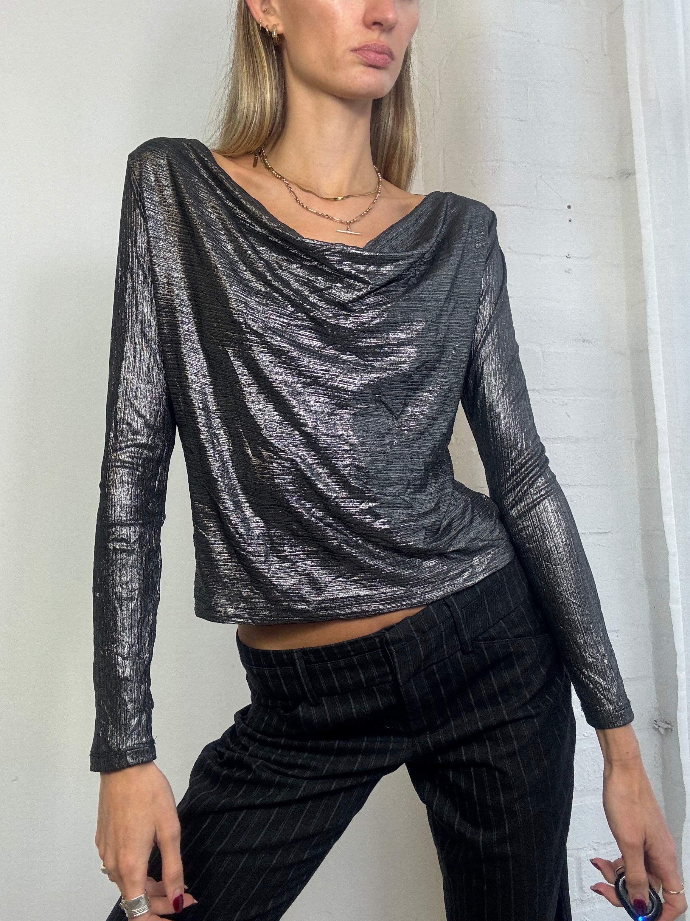 Vintage Y2K silver cowl neck long sleeve top