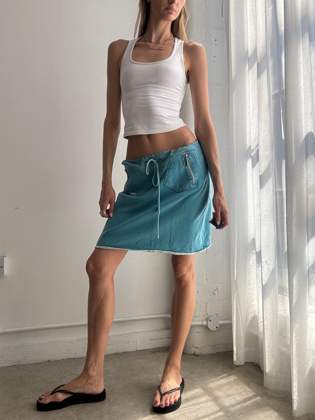 Vintage Turquoise Drawstring Midi Skirt Y2K - Size M/L