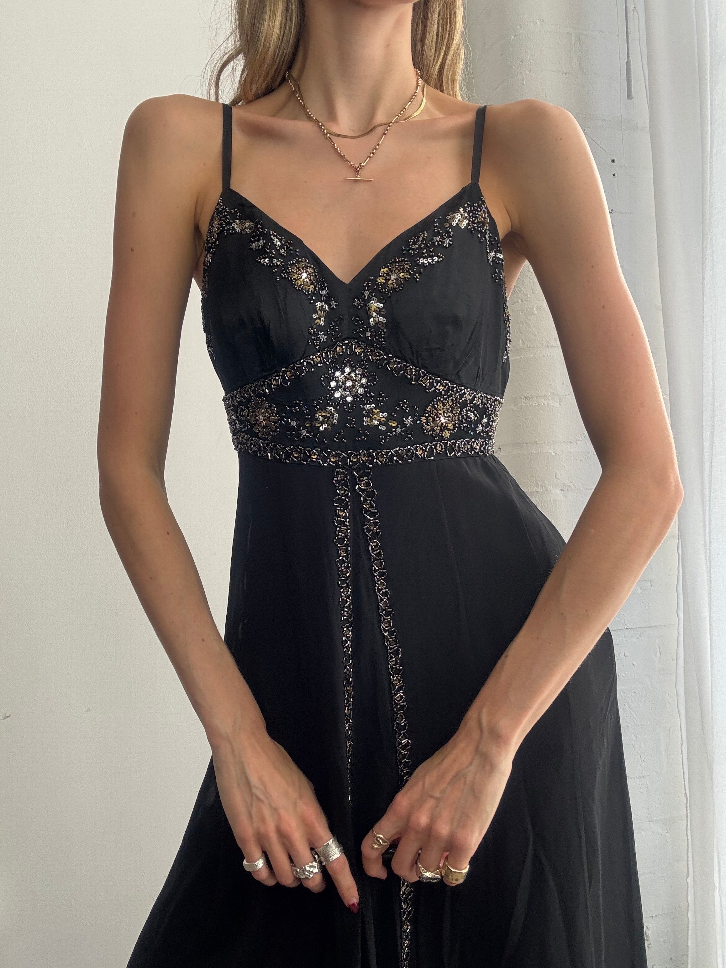 Vintage Y2K beaded black mesh slip dress