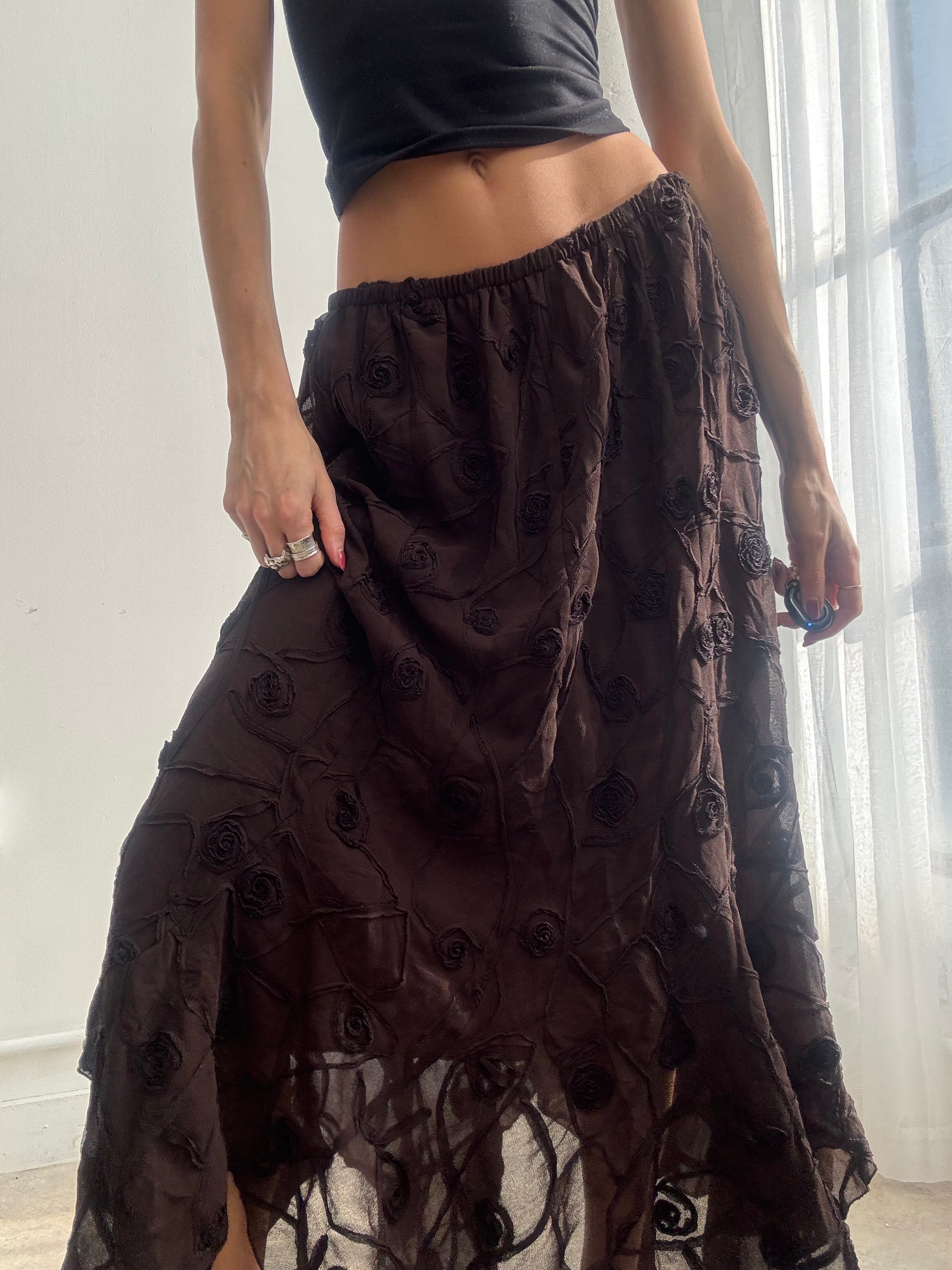Vintage 90s brown mesh floral maxi skirt