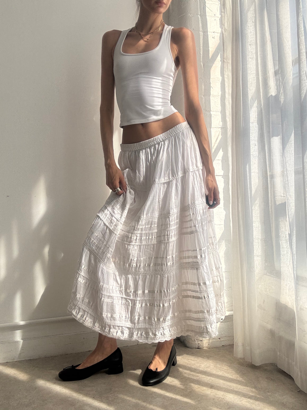 Vintage Y2k White Cotton & Lace Tiered Maxi Skirt - Size S/M