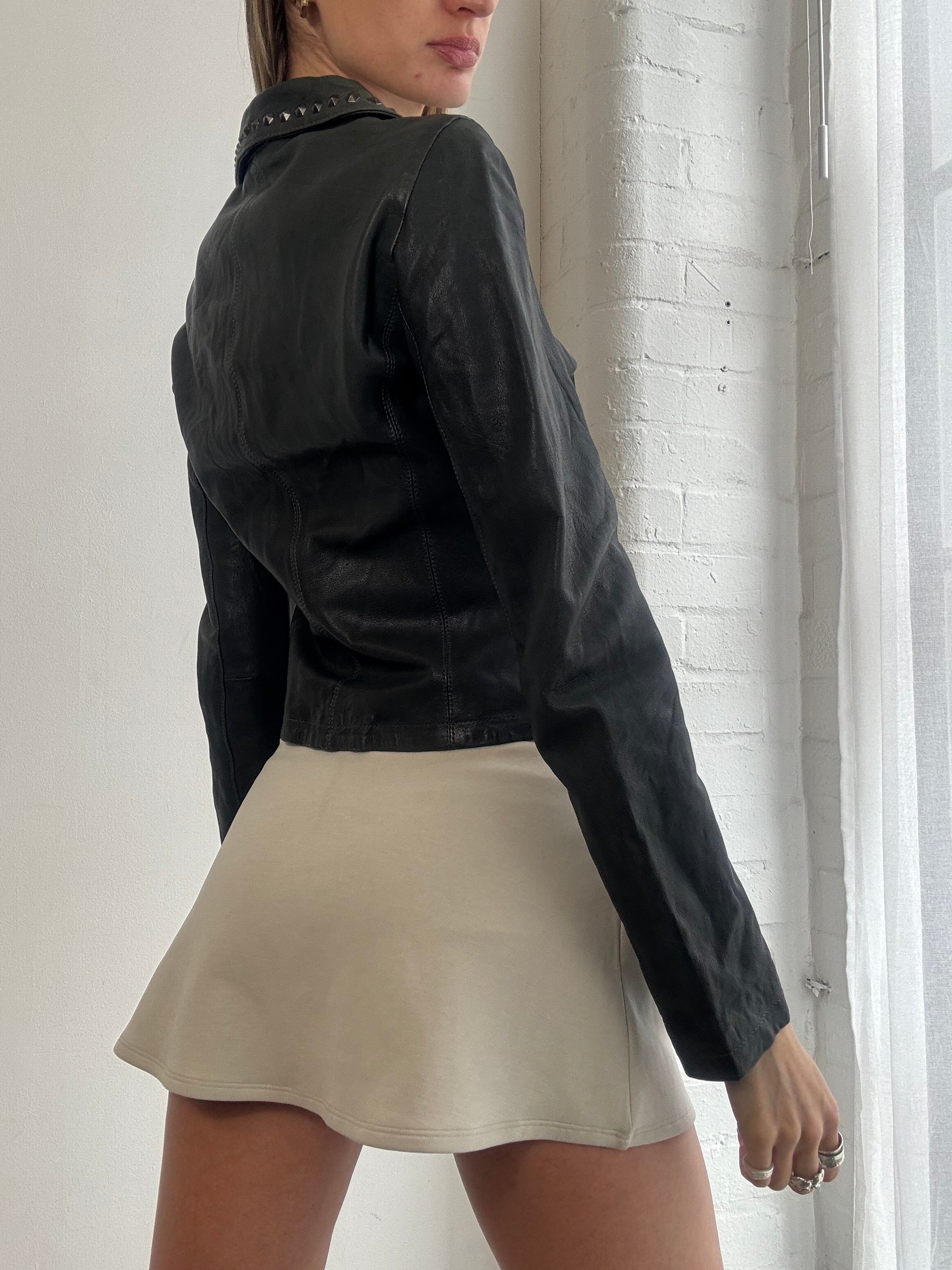 Vintage Y2K navy blue leather studded button jacket