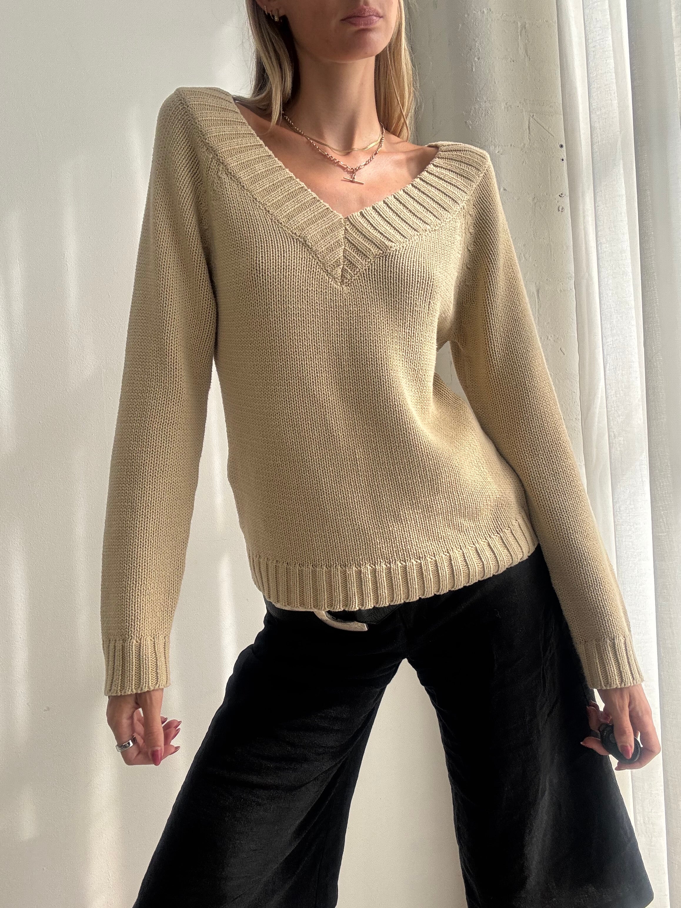 Vintage 90s Cream V-Neck Knit Jumper - Size M