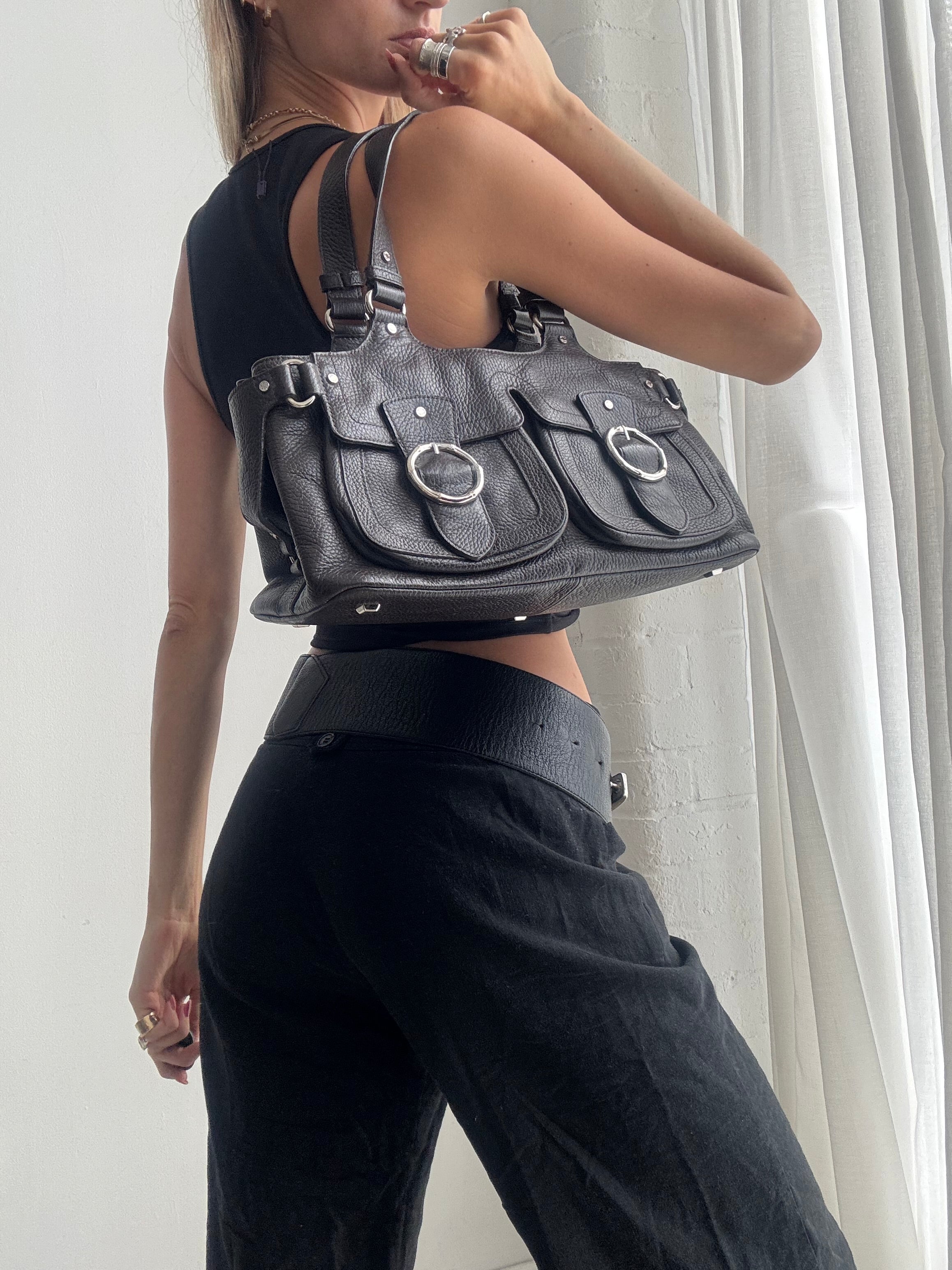 Vintage Y2K Brown Genuine Leather Buckle Shoulder Bag