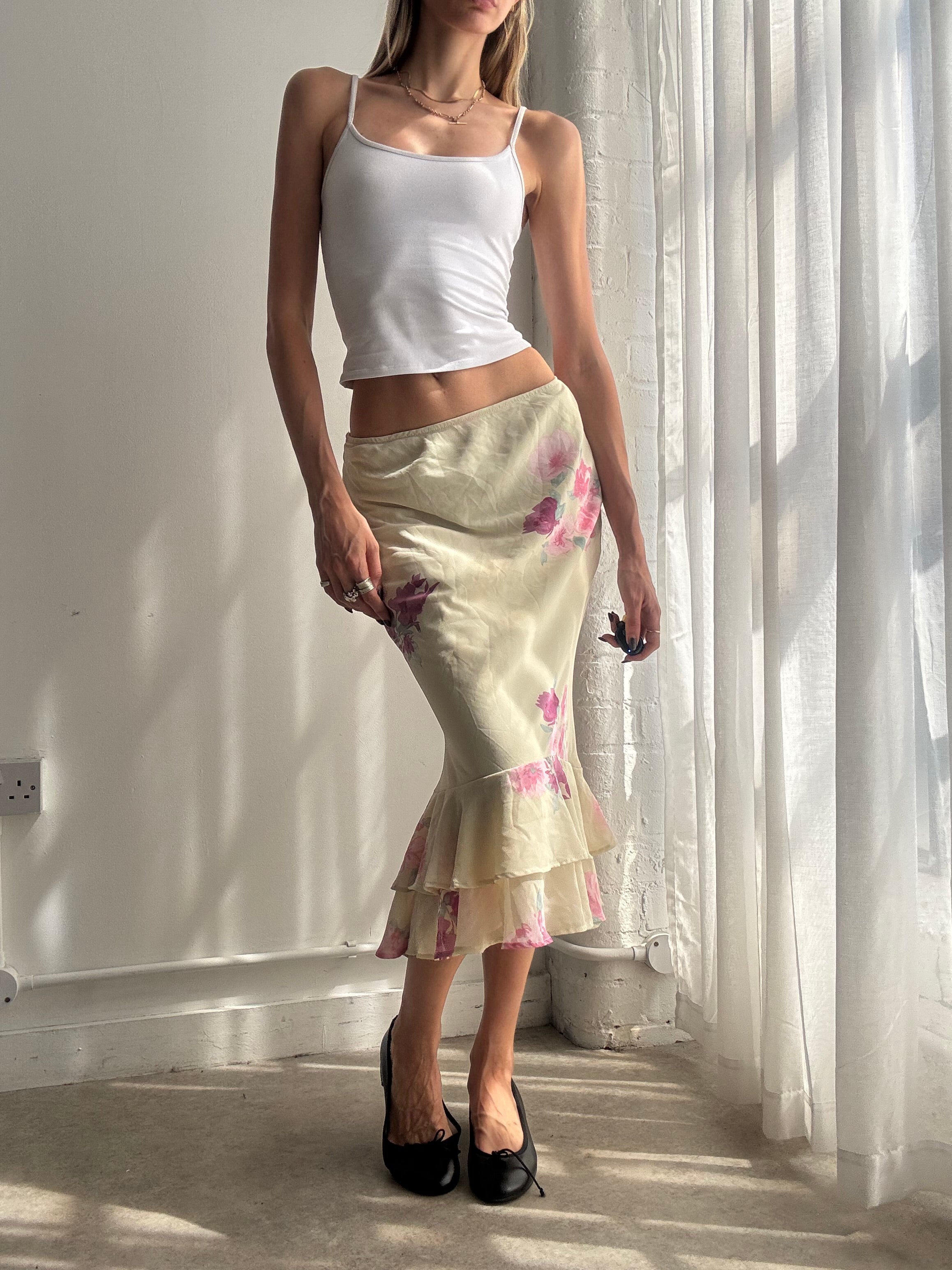 Vintage y2k green floral ruffle hem mesh midi skirt - Size XS