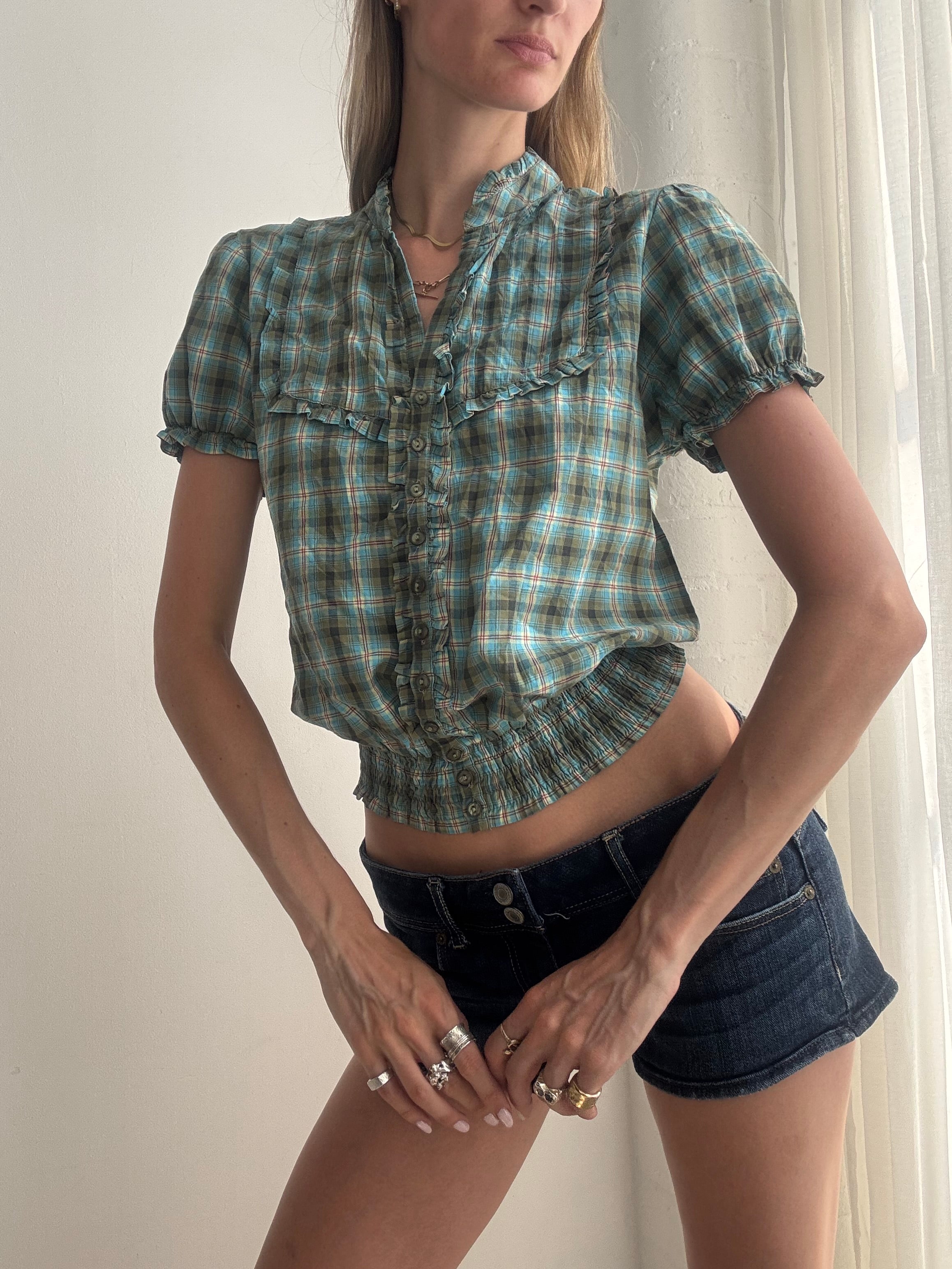 Vintage Y2K Plaid Puff Sleeve Crop Blouse - Size S