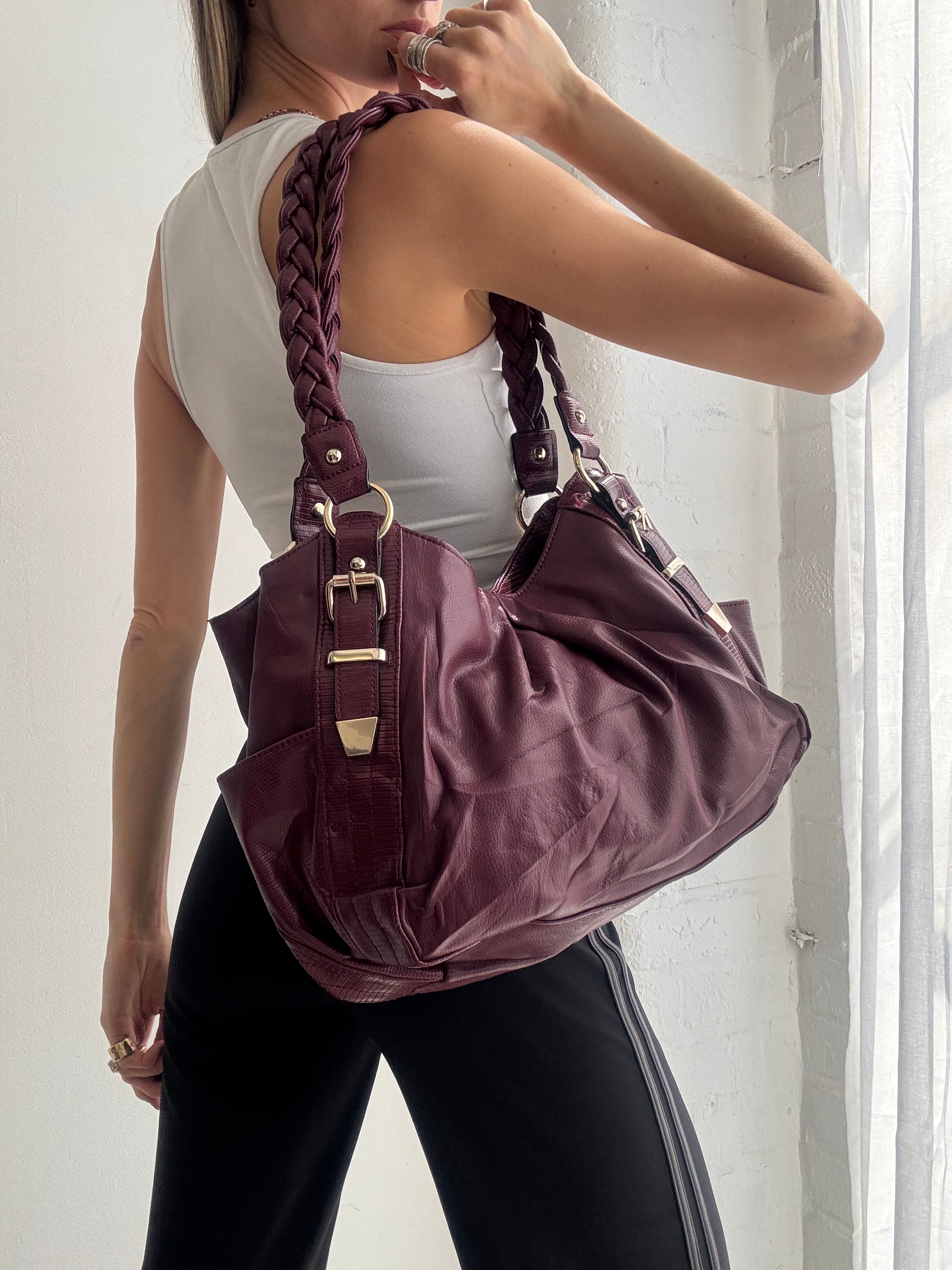 Vintage Y2K plum faux leather slouch shoulder bag