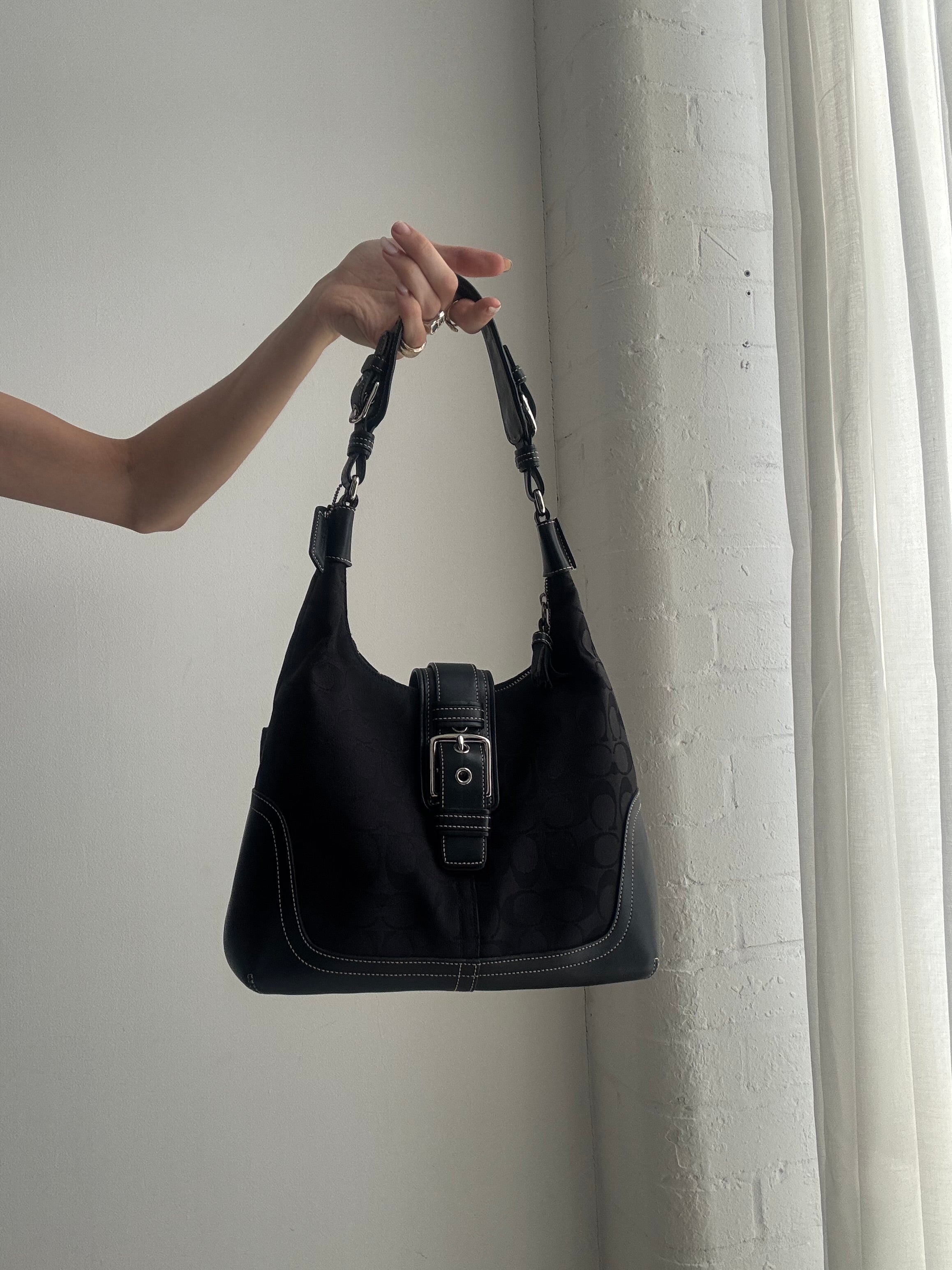 Vintage Y2K Coach Signature Shoulder Bag – Black Monogram Canvas Buckle Hobo Bag
