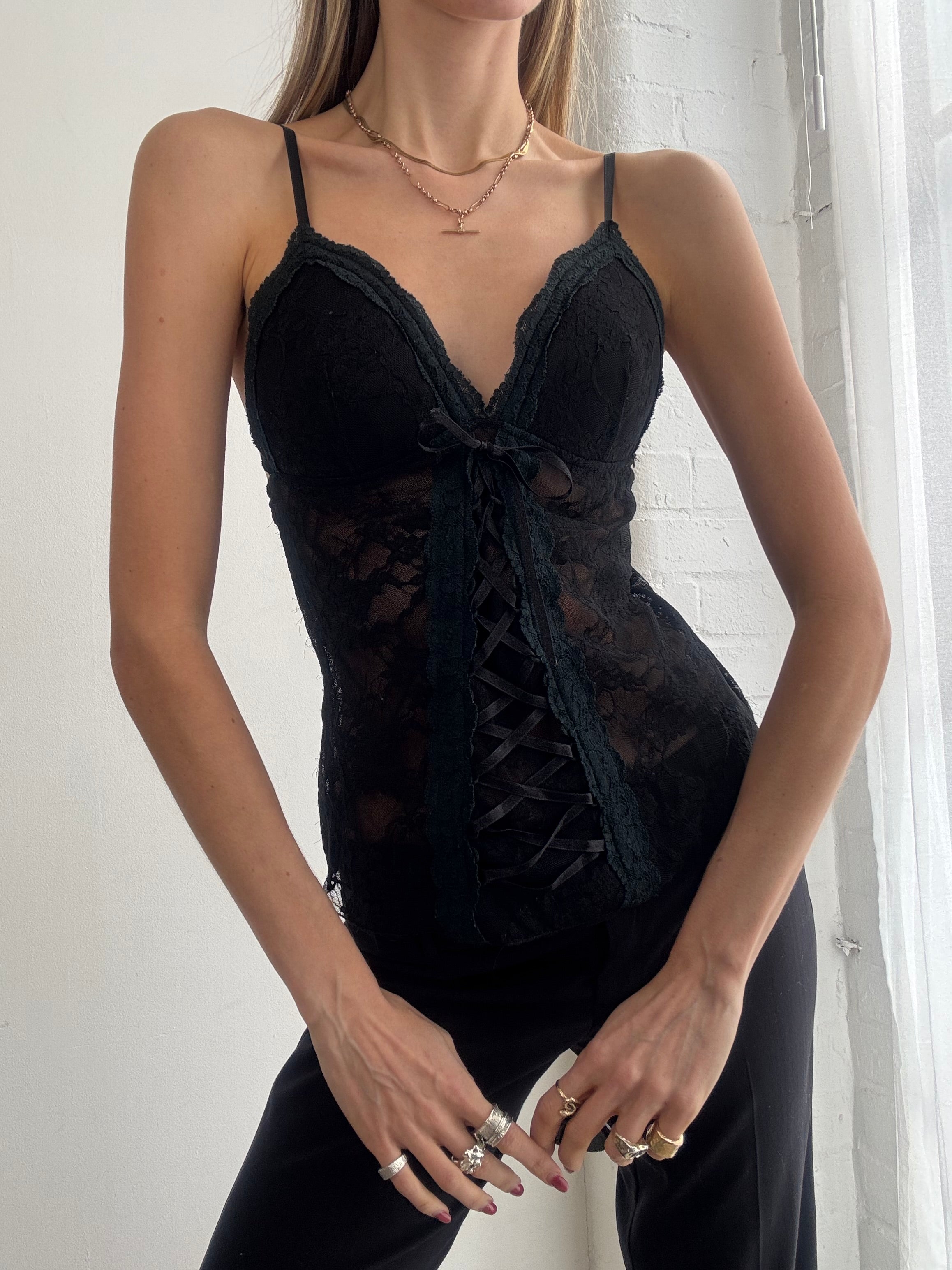 Vintage Y2K black lace corset cami top