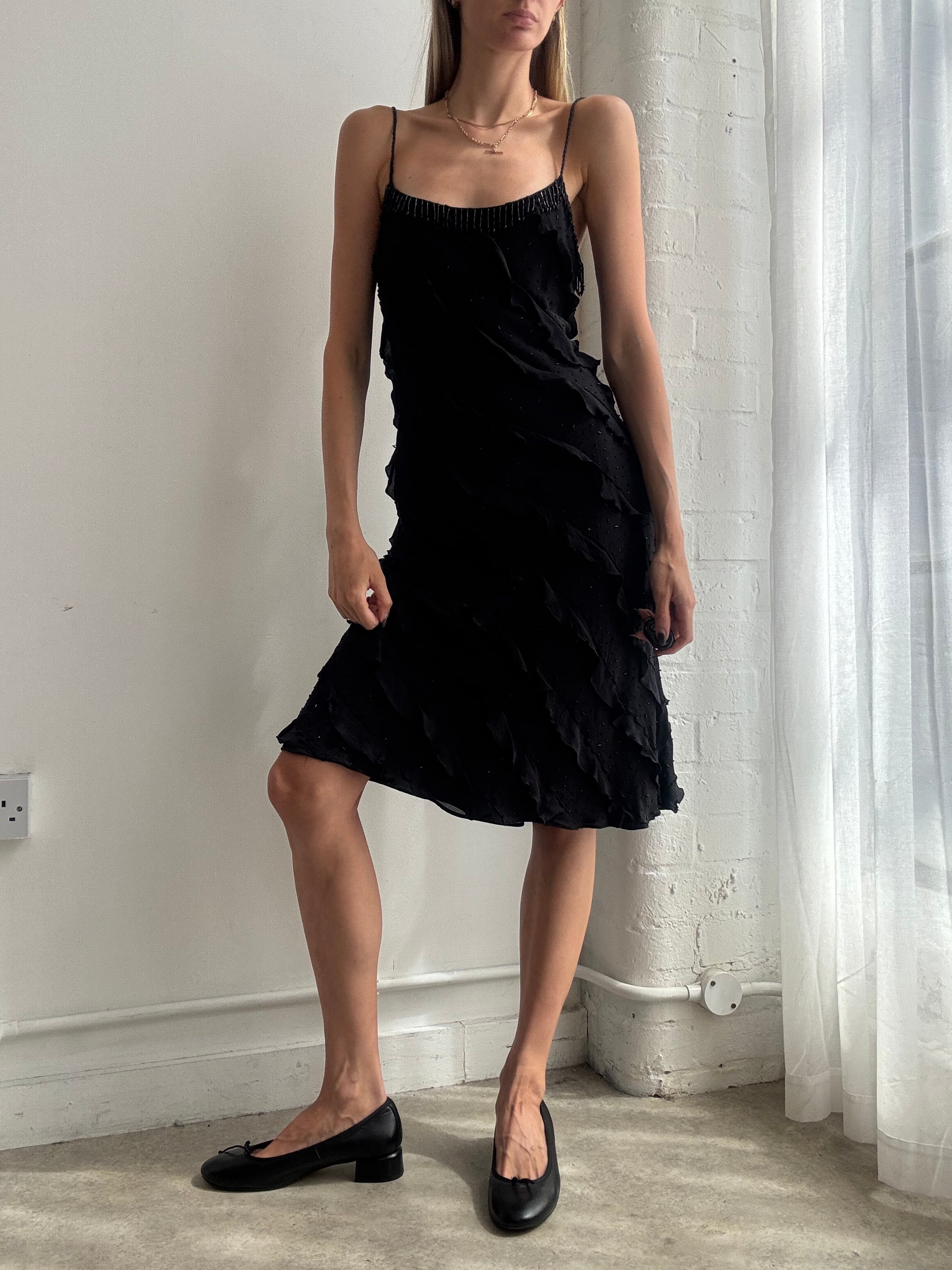 Vintage Y2K black 100% silk beaded ruffle slip midi dress - Size M