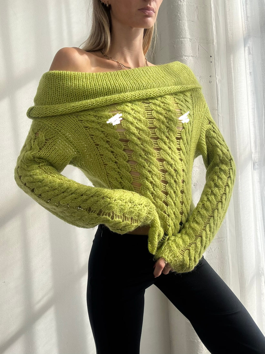 Vintage Y2K Lime Green Off Shoulder Open Knit Jumper - Size M