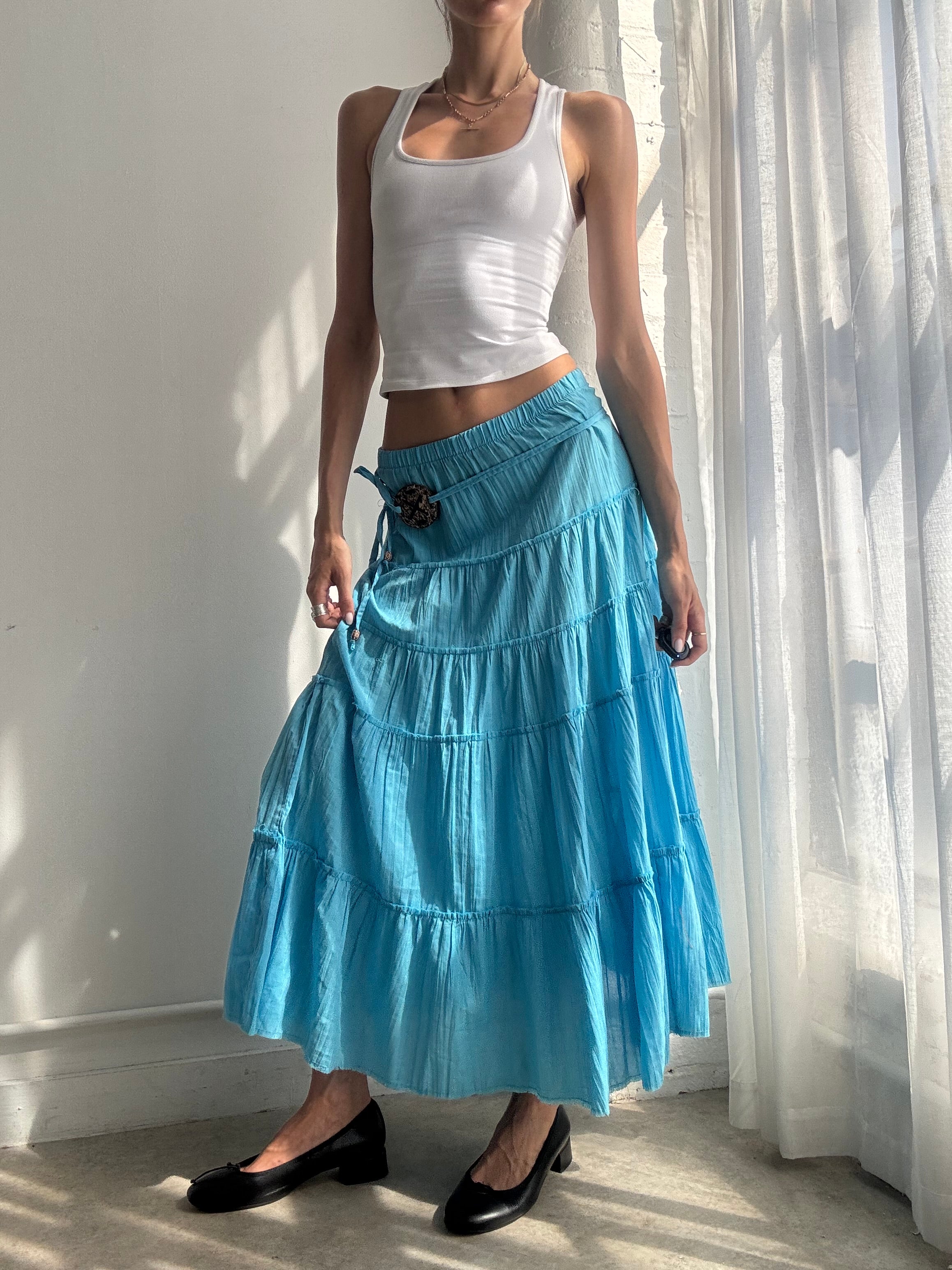 Vintage Y2K Turquoise Tiered Maxi Skirt - Size XS/S