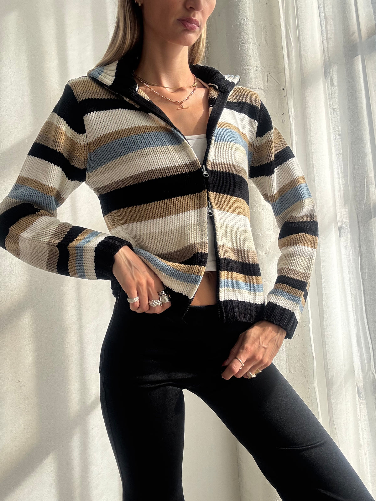 Vintage Y2K Neutral Striped Zip Up Knit Cardigan - Size M