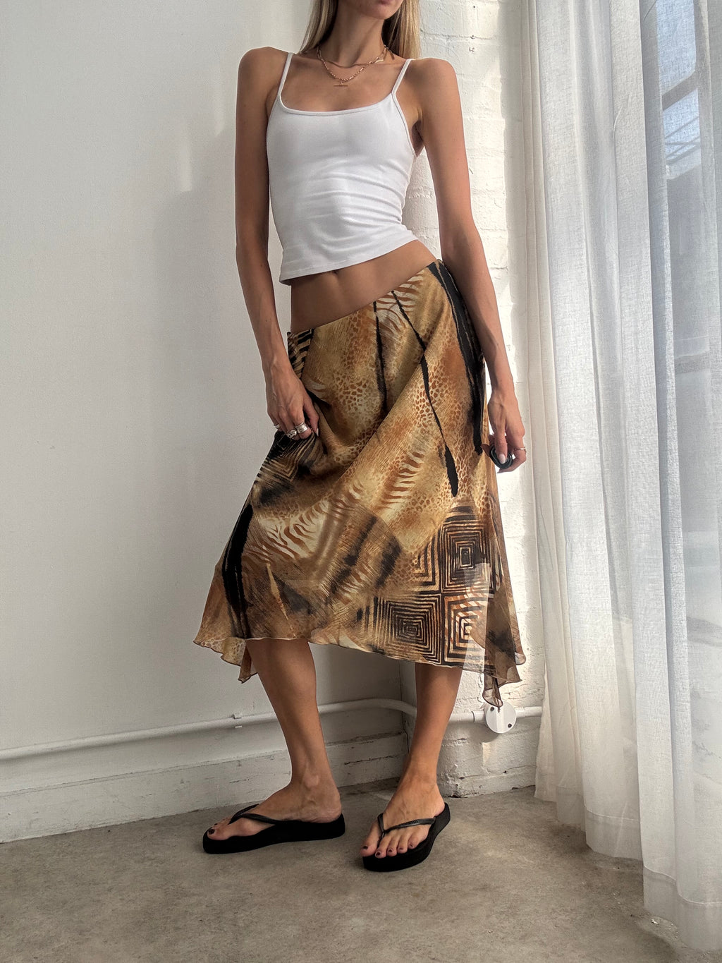 Vintage Y2K Gold Abstract Animal Print Bias Cut Mesh Midi Skirt - Size S/M