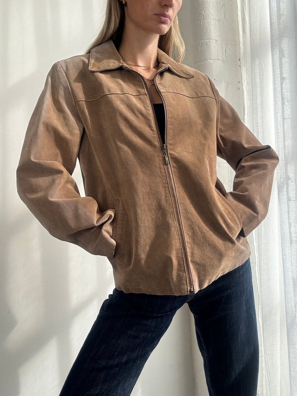 Vintage Y2K Tan Brown Suede Zip Up Jacket - Size M