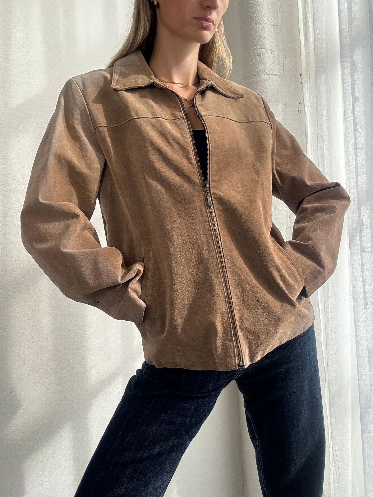 Vintage Y2K Tan Brown Suede Zip Up Jacket - Size M