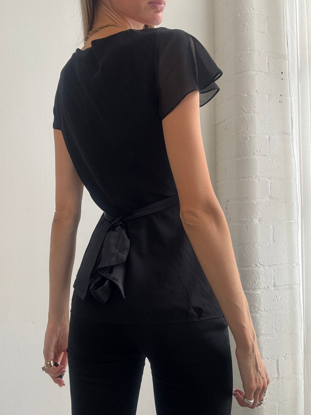 Vintage Y2K Black Chiffon Wrap Front Top - Size S