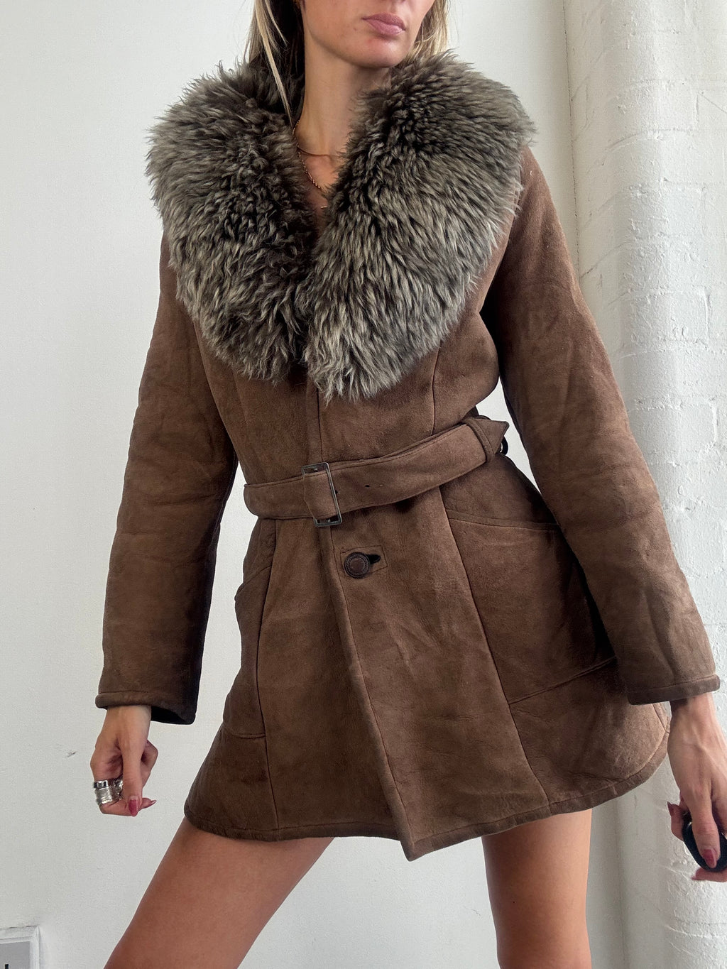 Vintage Y2K Brown Suede Sheepskin Belted Fur Collar Coat - Size M
