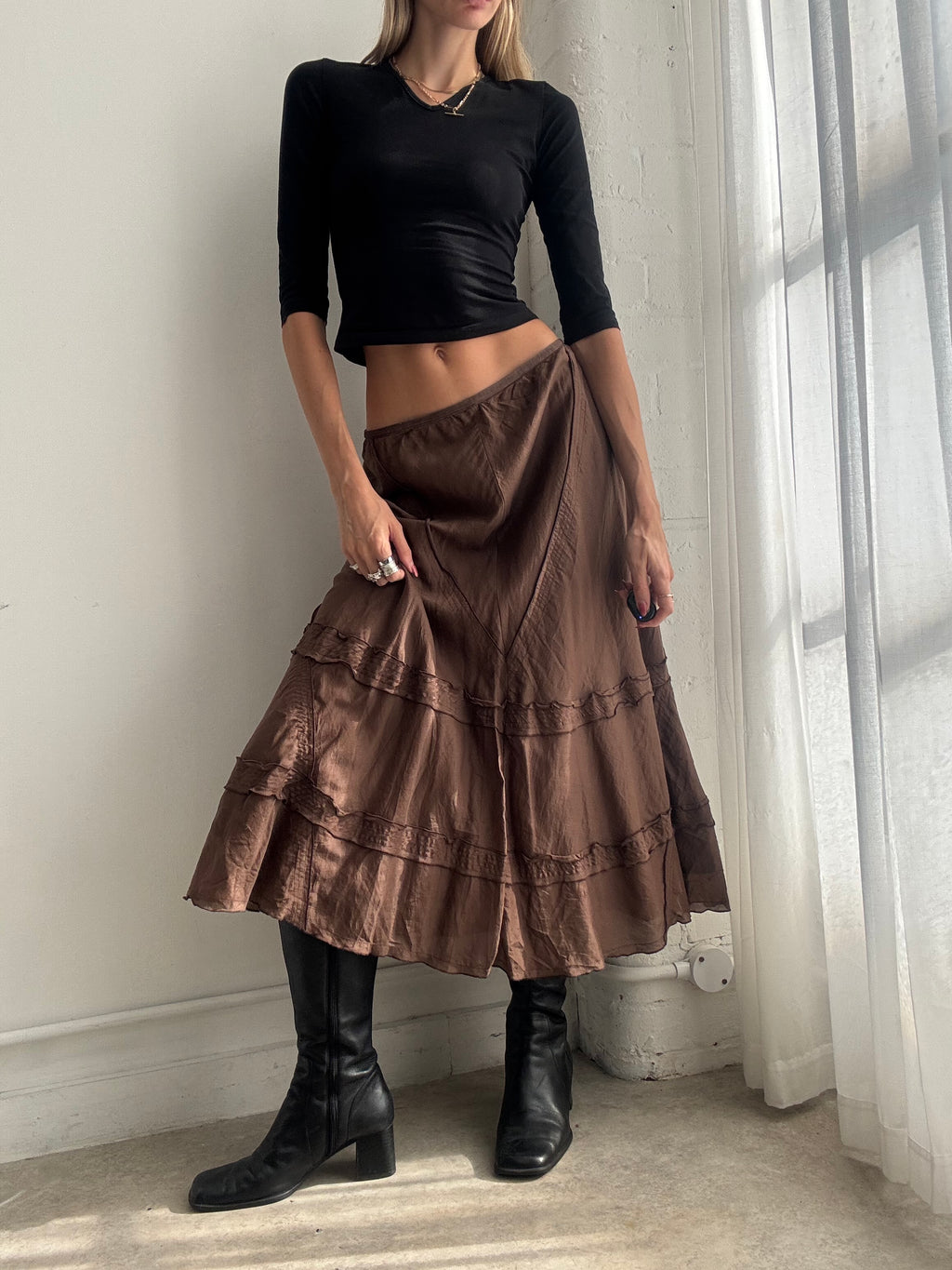 Vintage Y2K Chocolate Brown Tiered Midi Skirt - Size L