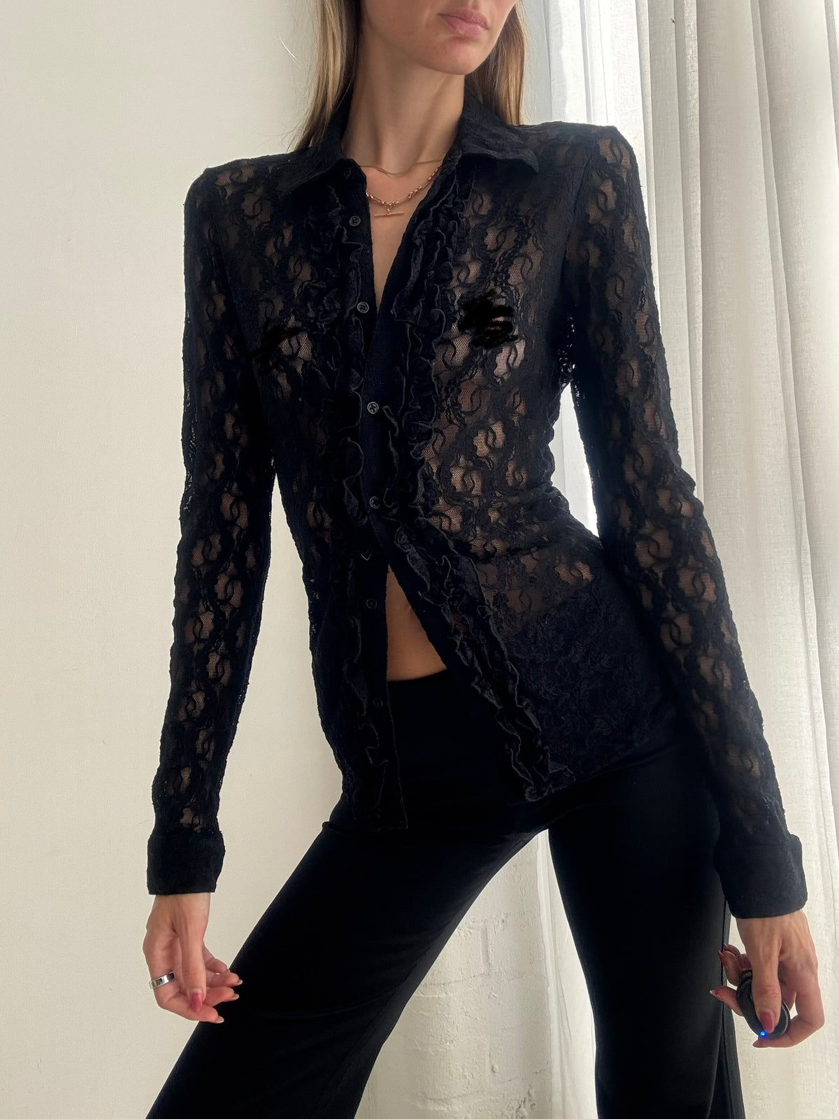 Vintage Y2K Ralph Lauren Black Sheer Lace Button Up Shirt Top - Size S