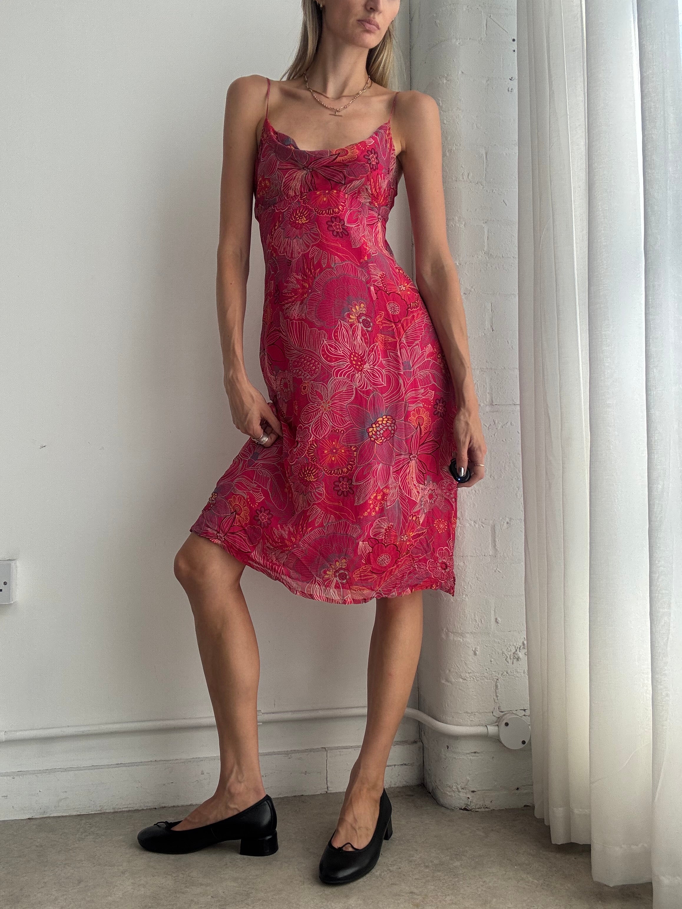 Vintage Y2K Pink Floral Silk Slip Midi Dress – Size M